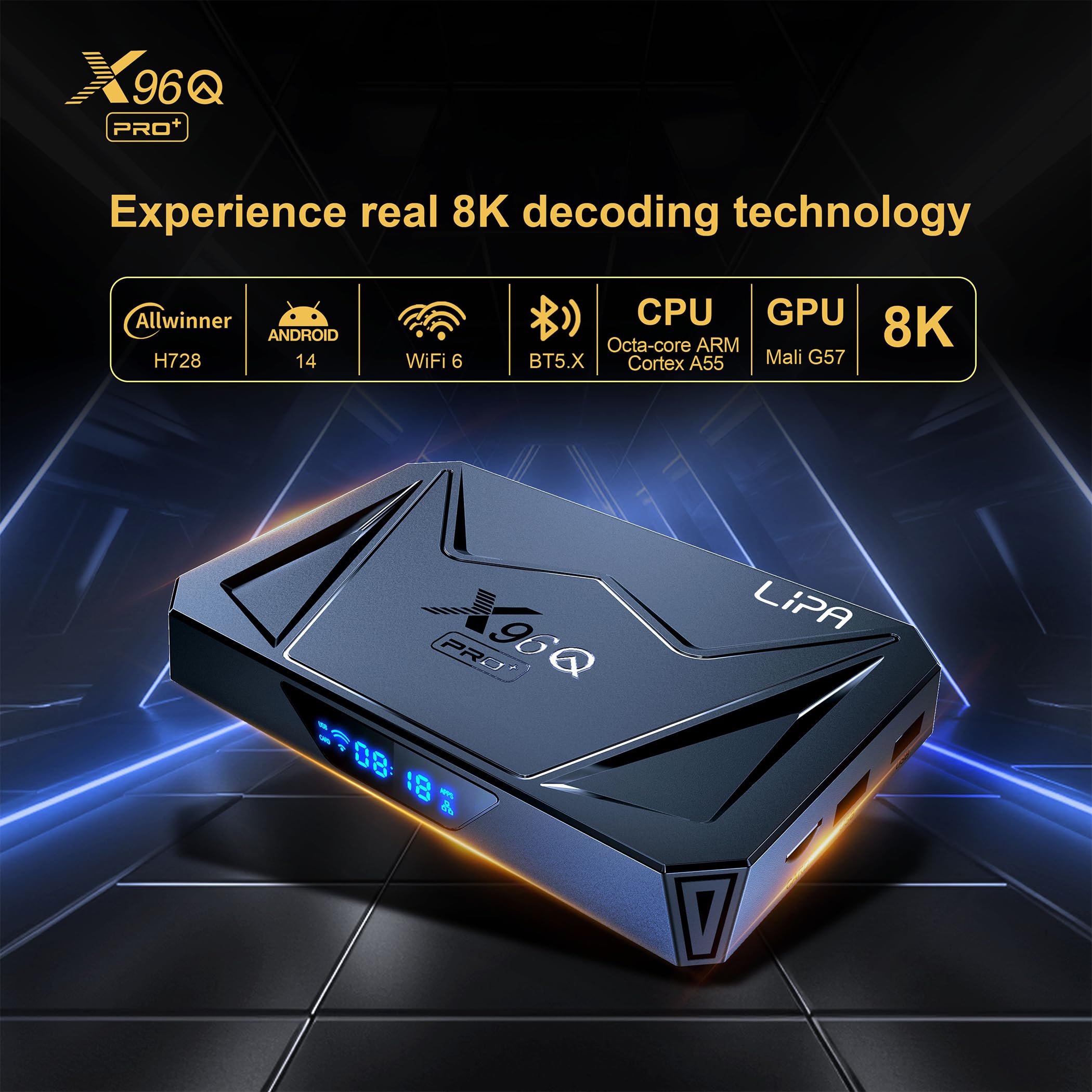 Lipa X96Q Android TV Box 4 GB/64 GB Android 14 – odtwarzacz multimedialny – streamer multimedialny – Android TV Box – 1000 Mbit/s LAN i Wi-Fi – dekoder 8K – aplikacje za pośrednictwem Play Store i