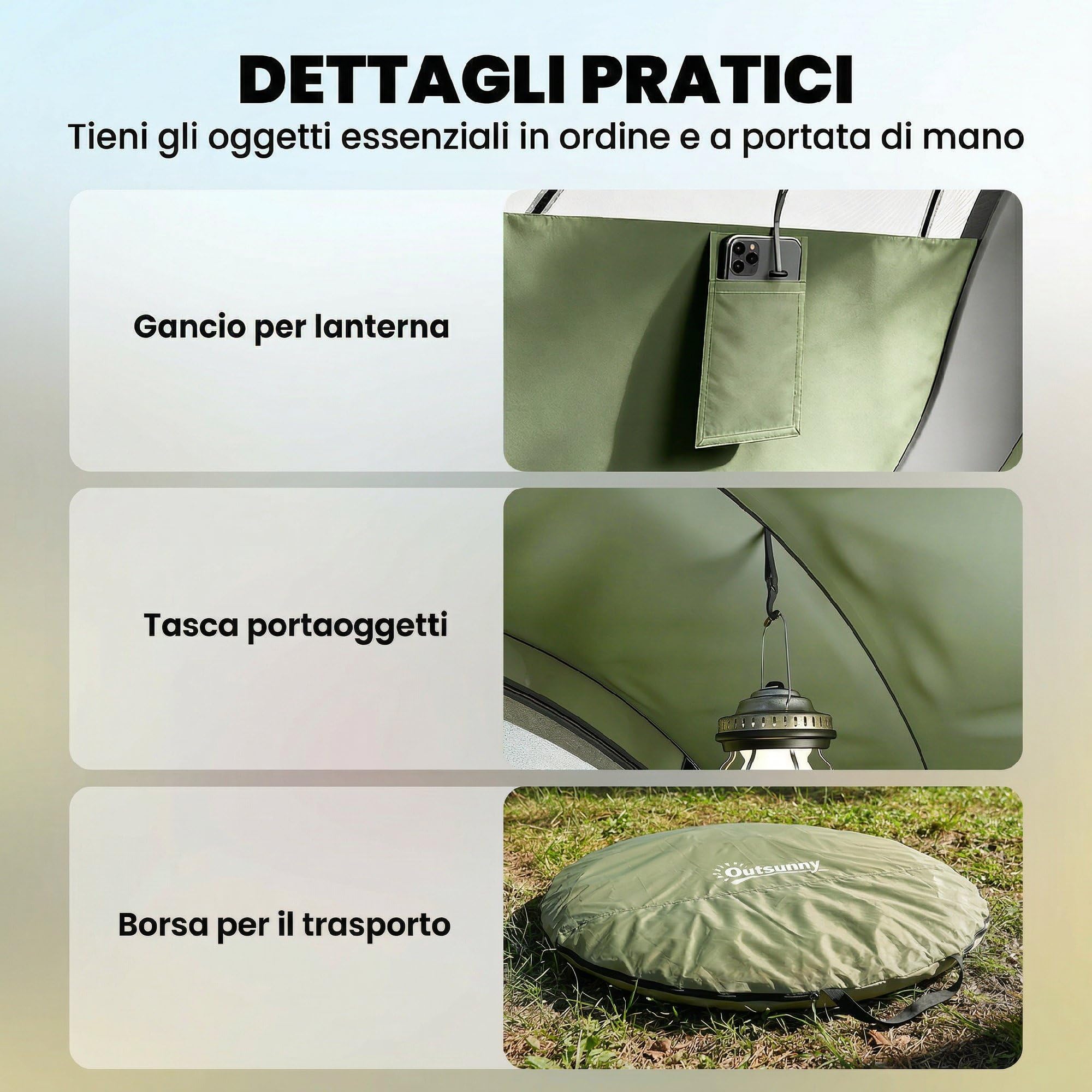 Outsunny Tenda da Campeggio Pop Up 4 Persone, Impermeabile 3000mm, con Borsa, Verde