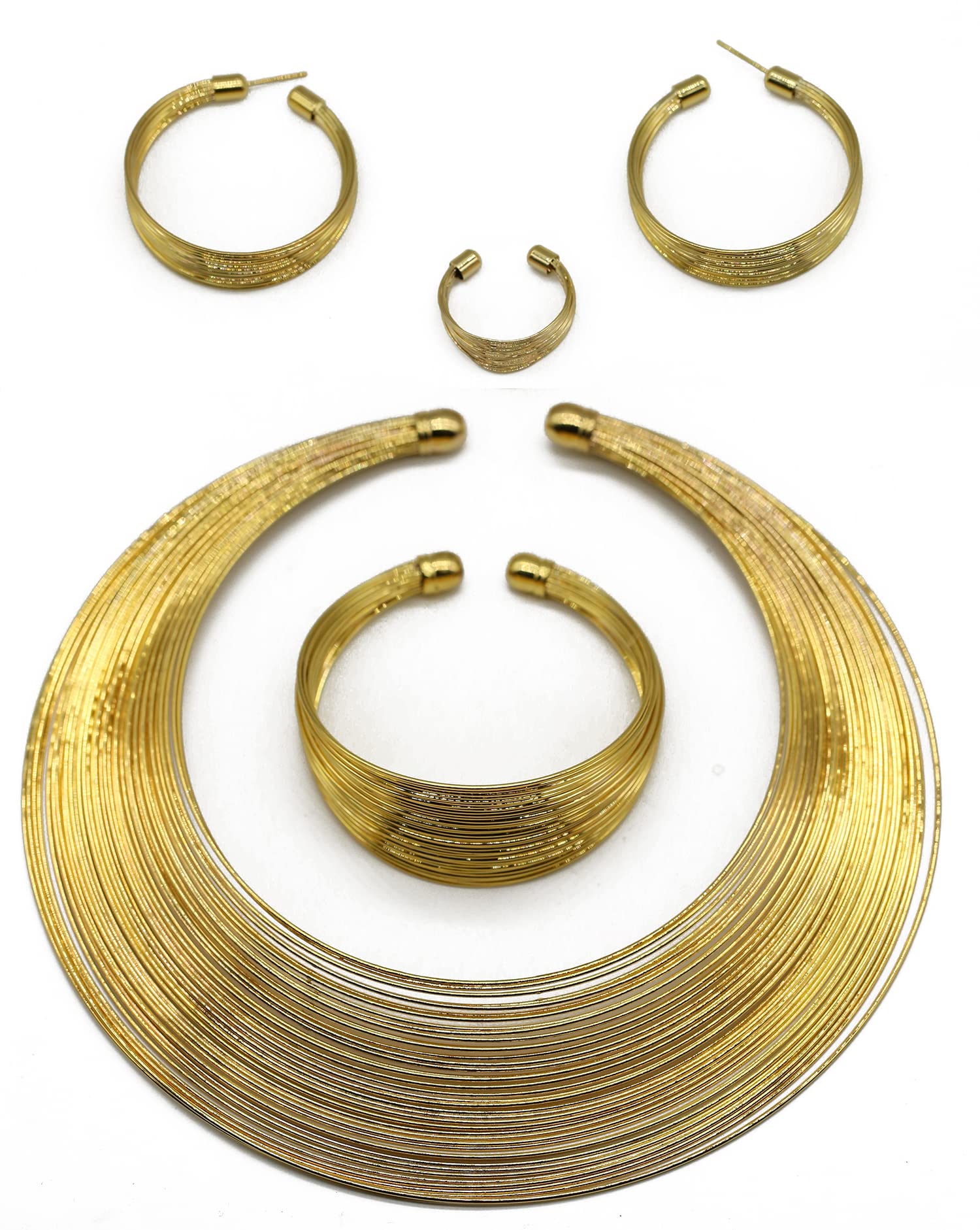 HENGYIDAfrican Art Style Multi-Layer Gold Plated Chain Choker Necklace Hoop Earrings Cuff Bangle Bracelet Ring Set