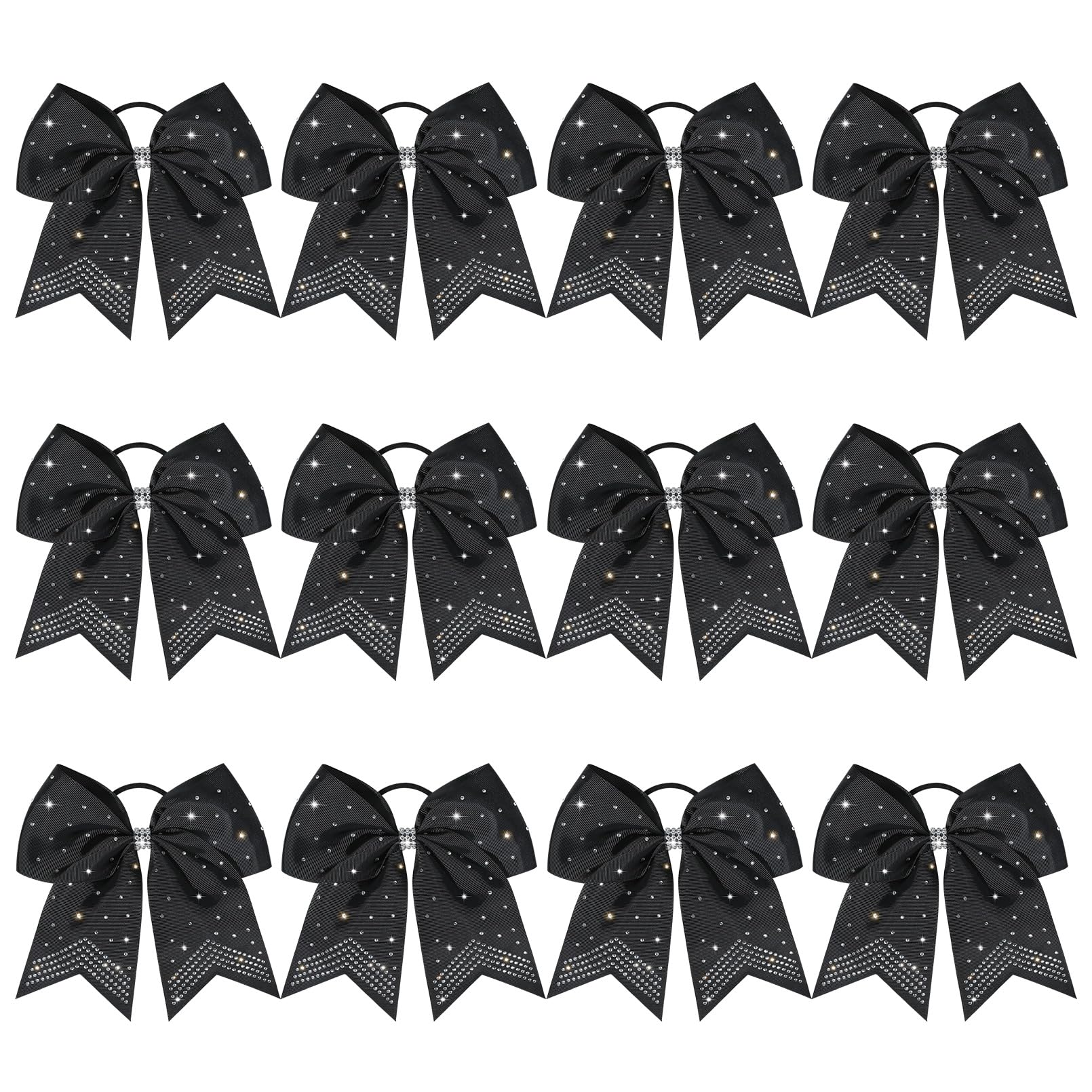 CEELGON 12 PCS Large Rhinestones Cheer Bows, 7" Glitter Cheer Bows Ponytail Holder for Cheerleaders Girls Softball Sports Competition, Black with Full