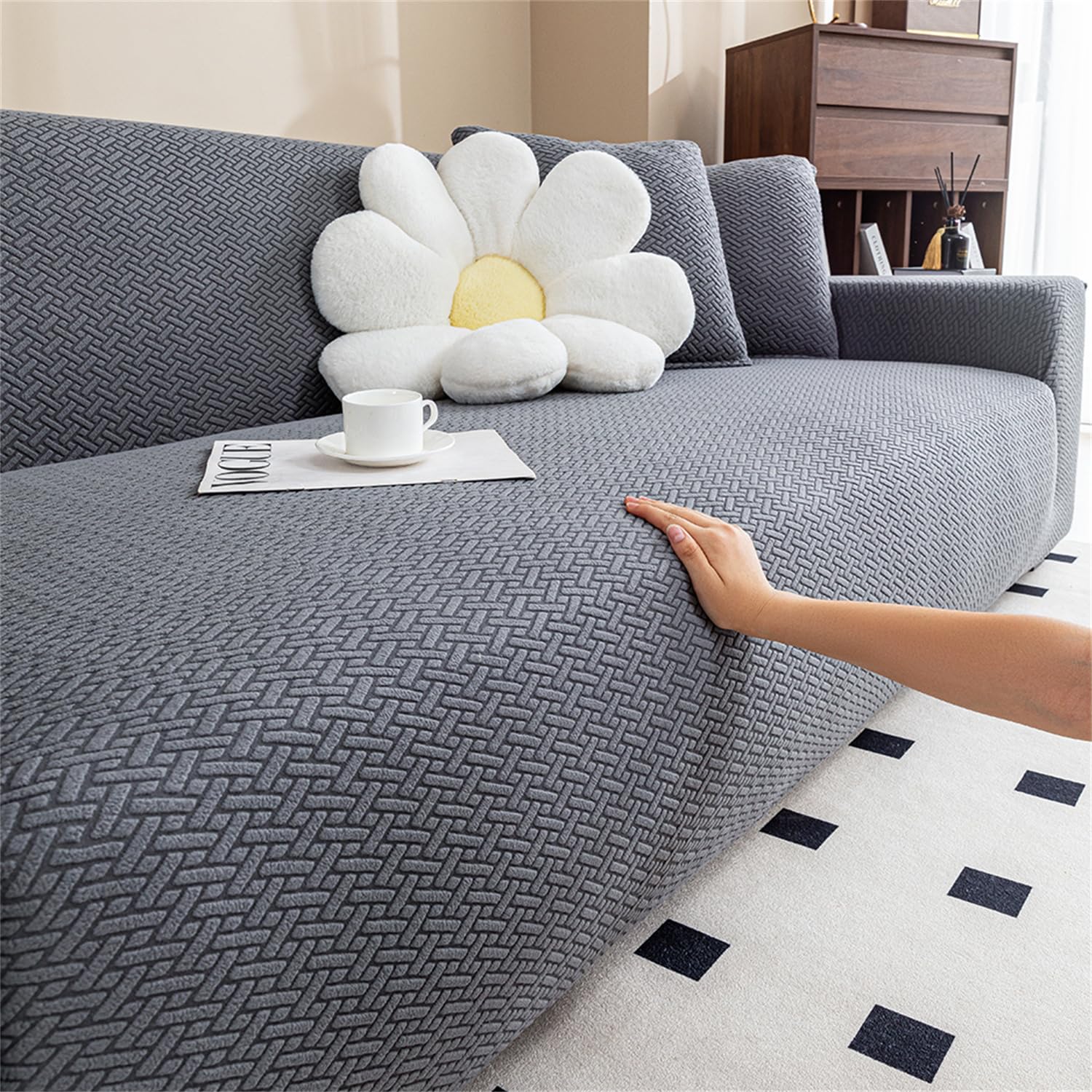 Copridivano 3 Posti Con Braccioli, Copri Divano Elasticizzato Copridivani Antiscivolo Antimacchia Universale | Sofa Cover Jacquard Antigraffio Gatto e Cani, Grigio Scuro