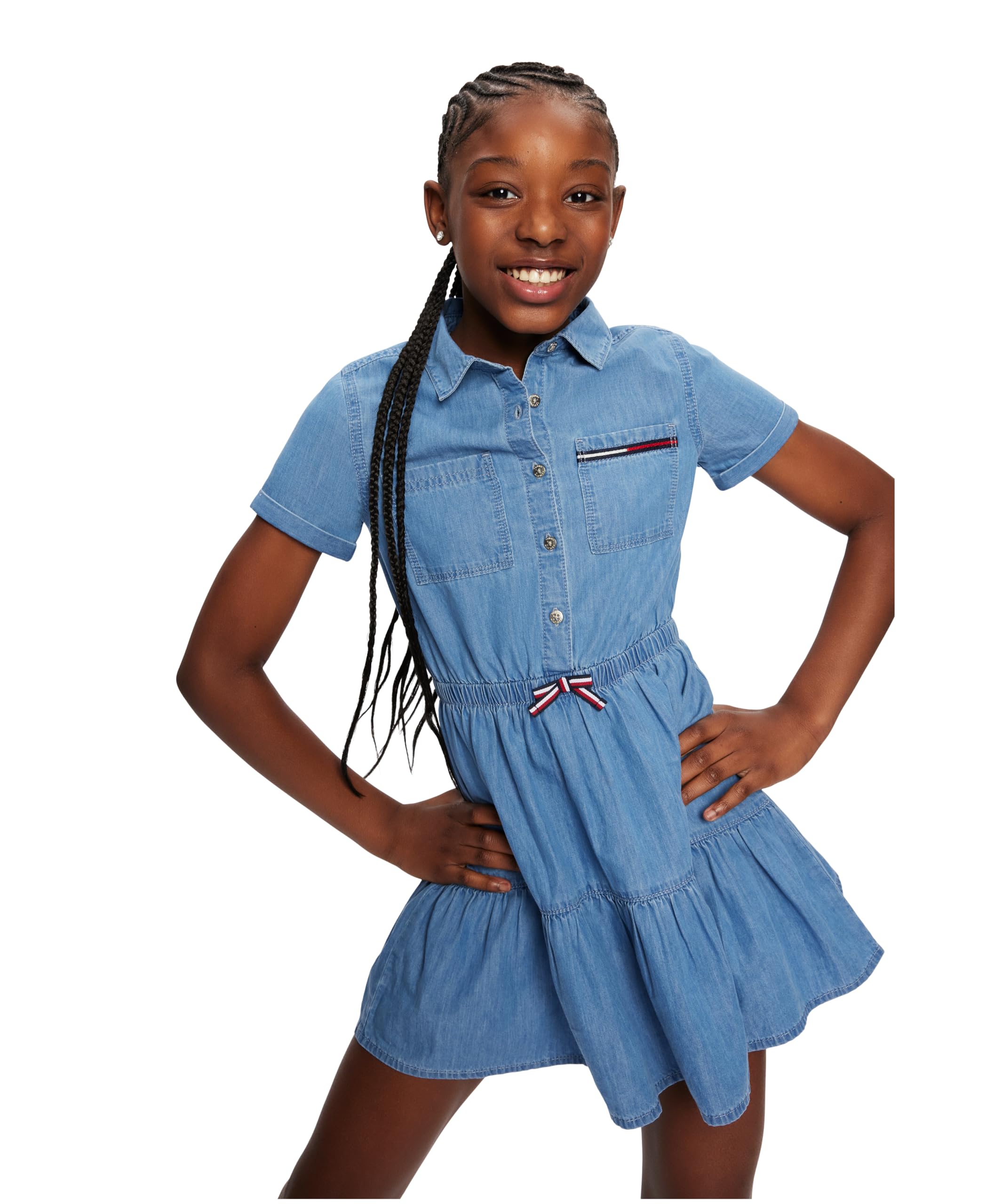 Tommy Hilfiger Short Sleeve Lightweight Denim Dress, Collared with Cinched Waist Vestito Bambina