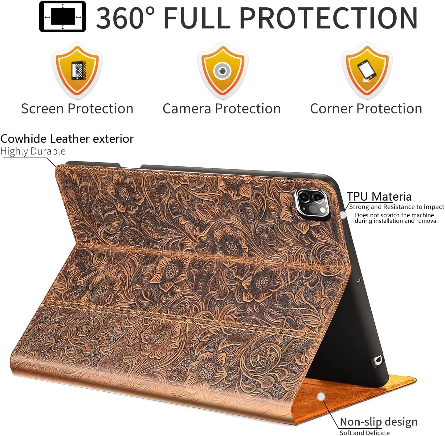 Gexmil Leather Case for iPad Pro 12.9 Inch, 6th/5th/4th/3rd Generation 2022/2021/2020/2018,Genuine Leather Folio Cover Shockproof with Stylus Holder,Auto Sleep/Wake Anti-Slip,Flower Pattern