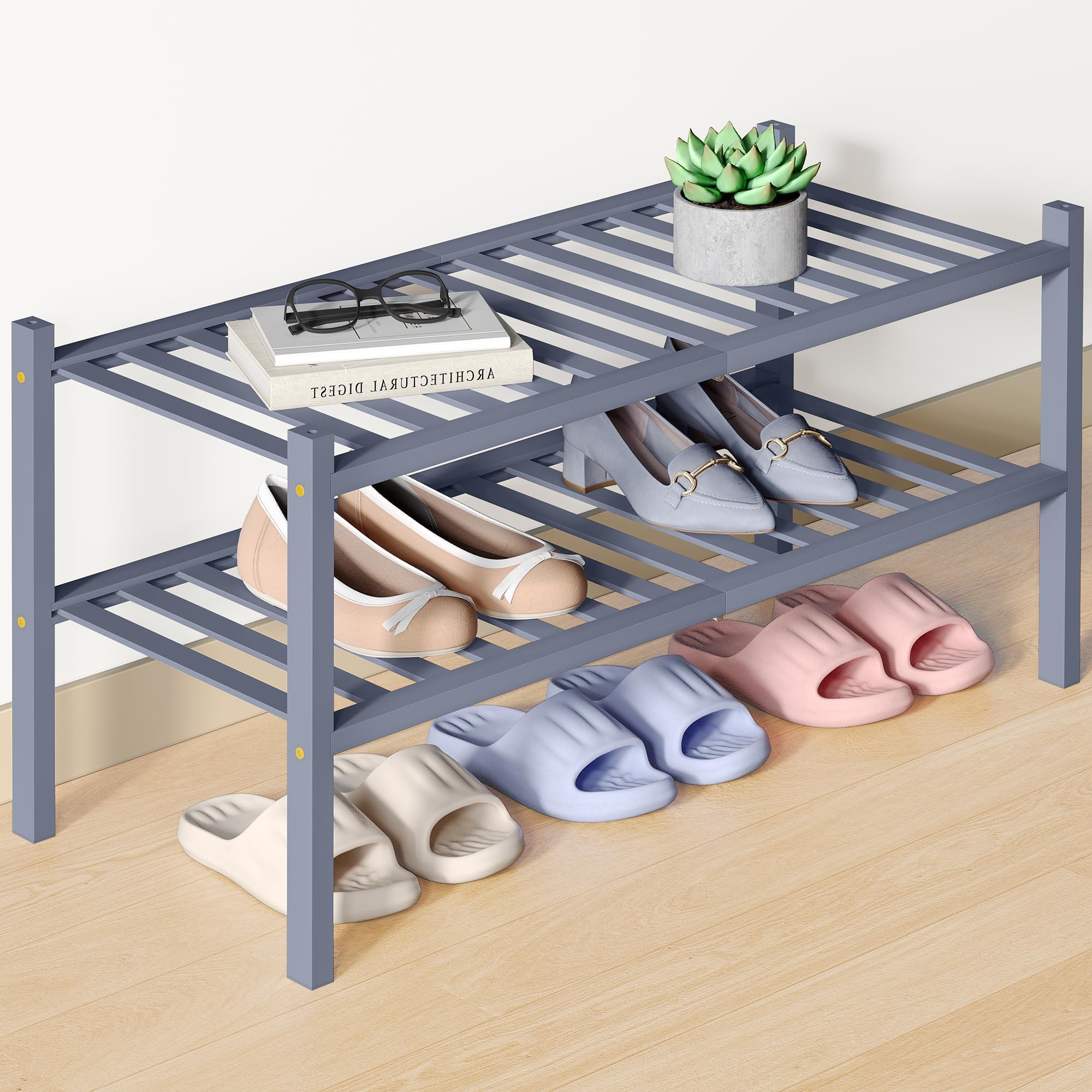 smiry Natural Bamboo Shoe Rack, 2 Tier Wooden Stackable Shoe Storage Organiser, Free Standing Shoes Storage Shelf for Entryway, Hallway, Small Spaces, Living Room, Gray