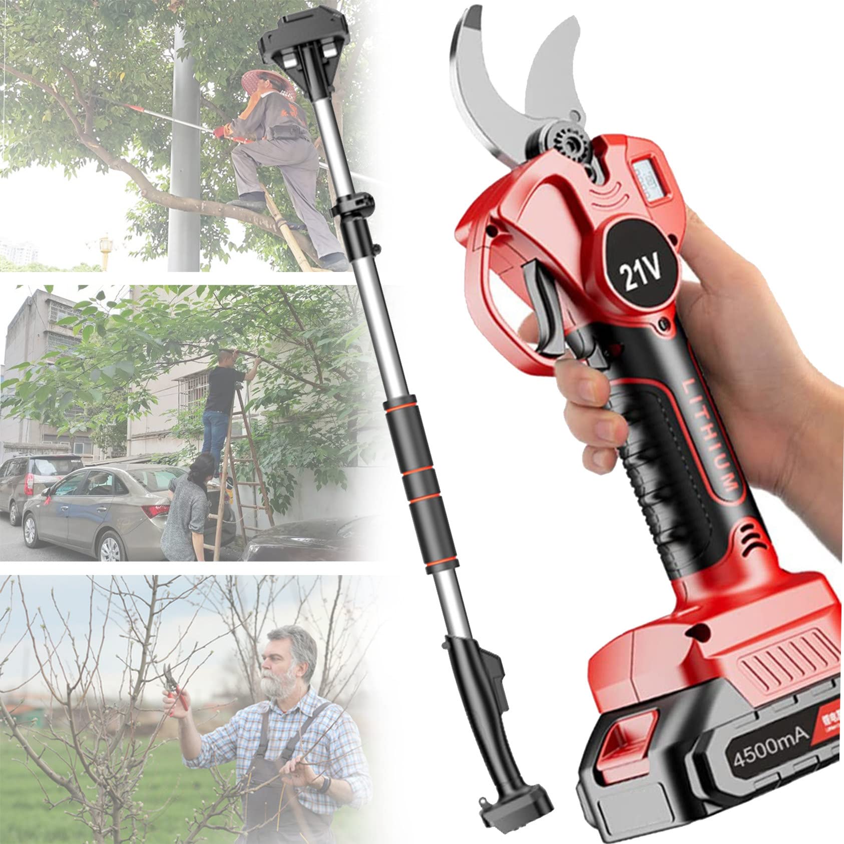 Podadora Eléctrica, Tijeras De Podar para Huertos Al Aire Libre, Cortadora De Ramas Recargable con Batería Recargable Y Poste De Extensión De Alto Alcance,Red-1battery