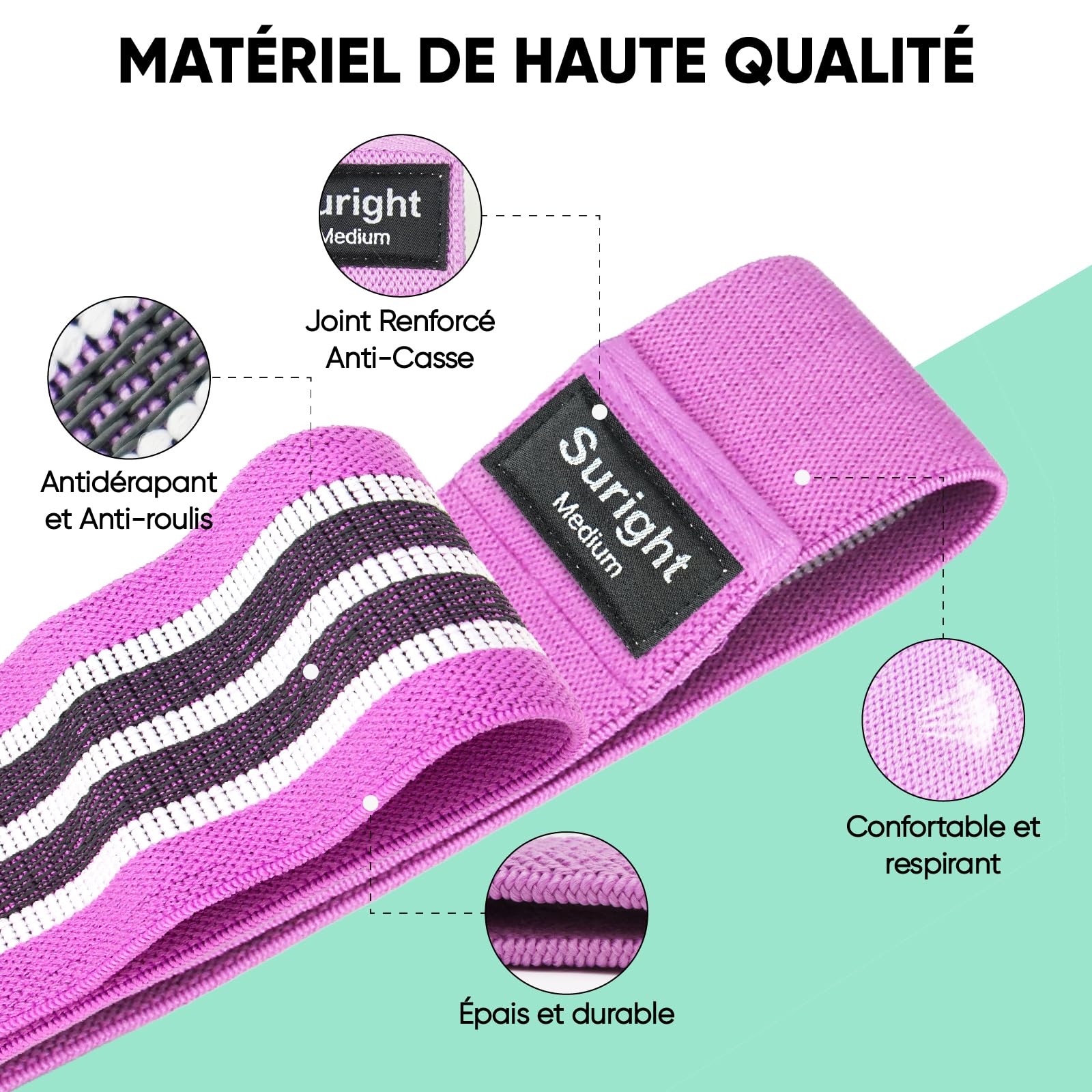 Suright Bande Elastique Musculation en Tissu, Bande Elastique Fitness 3 Niveaux de Force, Elastique Sport pour Le Yoga/Pilates/Fitness/Squats/Pont fessiers