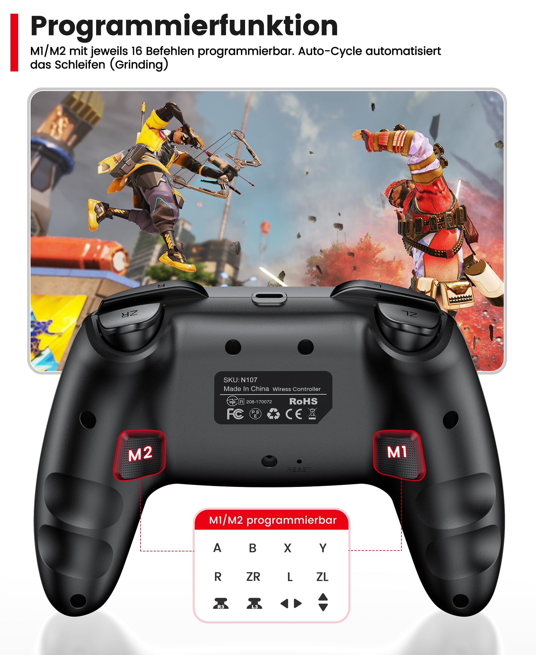 HASACOOL Kabelloser Switch Controller für Nintendo Switch 2/Switch/OLED/Lite/PC/Android/iOS, Switch Pro Controller mit programmierbarer Back-Tasten, Turbo, Wake-up, Gyro, 1000mAh-2er Set mit Ständer