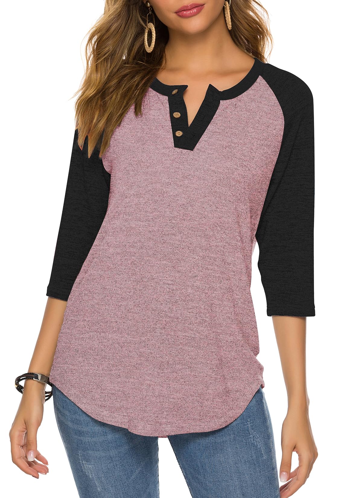 HOCOSIT Women's Raglan V Neck Summer Tops 3/4 Sleeve Ladies Button Henley Shirt Boyfriend Style Blouse