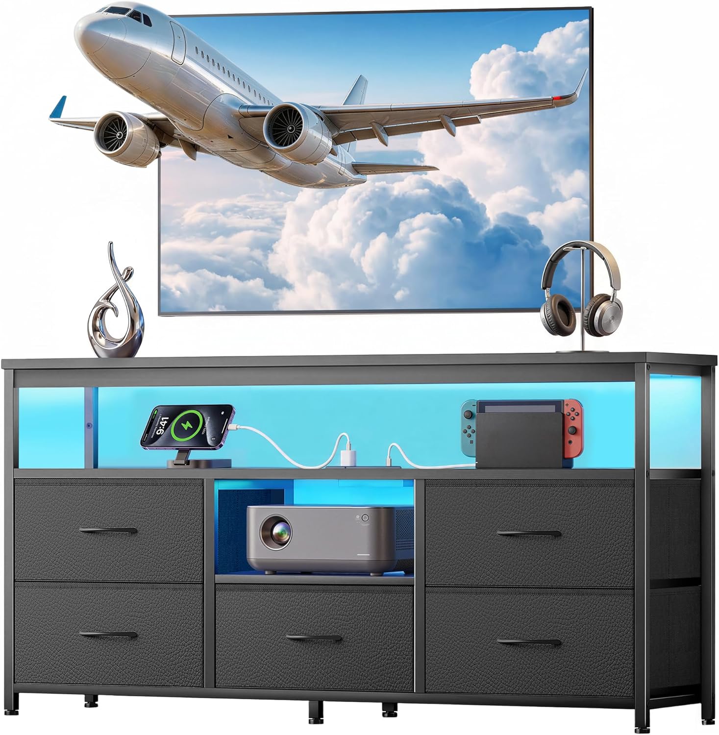 Dresser TV Stand for 60 Inch TV, Dresser for Bedroom with LED Lights & Charging Station, 5 Drawers Black Dresser for Bedroom with Open Storage Shelves, Console Table for Living Room Bedroom Hallway