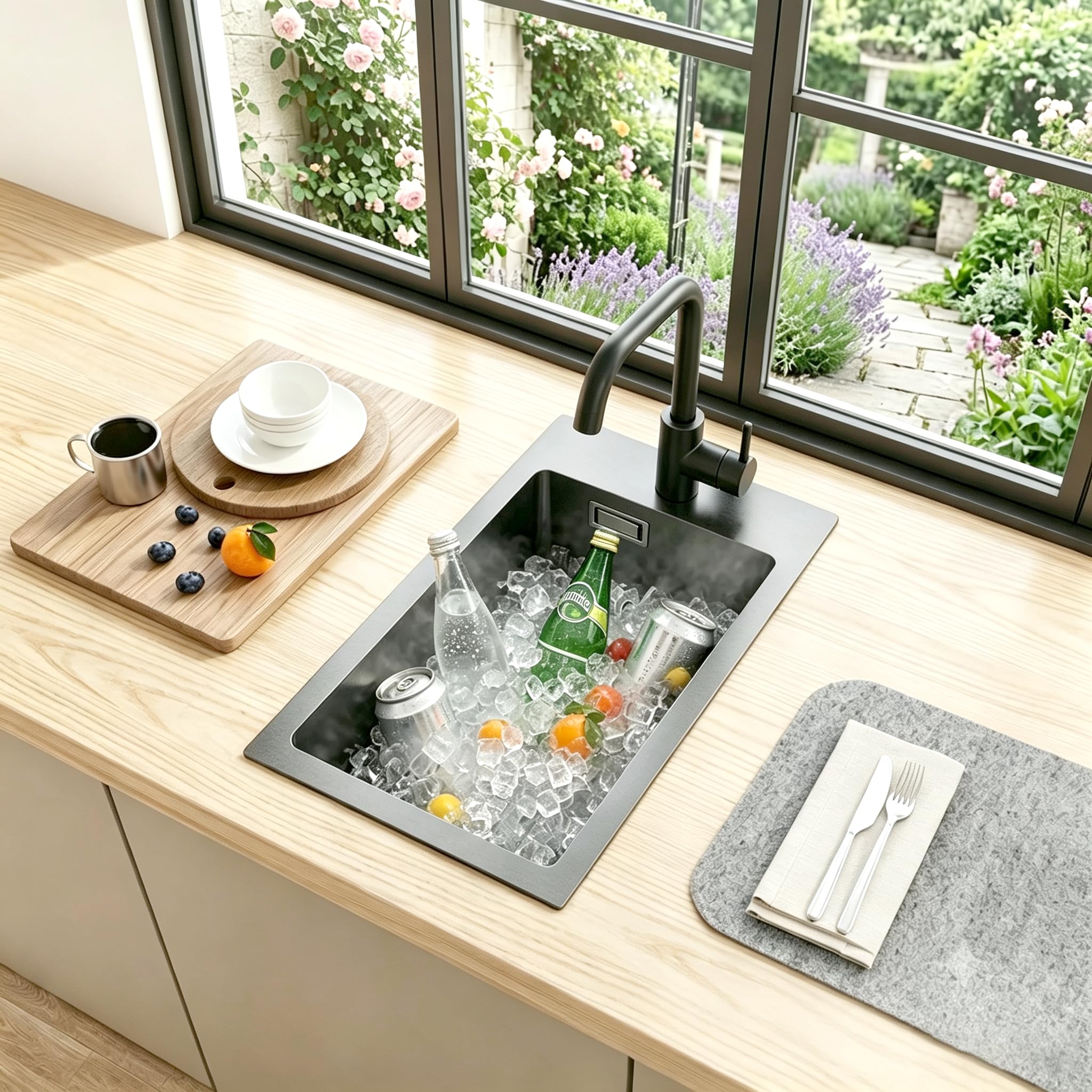 Fregadero de cocina de acero inoxidable 304, 28 x 50 cm, pequeño, empotrable, con 1 orificio para grifo, rebosadero, sifón, 1 cuenco, color negro