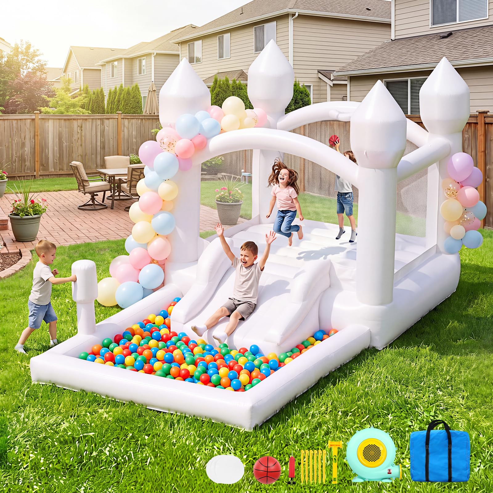Château Gonflable Blanc pour Enfants, Grand Indoor/Outdoor avec Toboggan, Aire Saut, souffleur, Panier Basket, Piscine balles, Sac Frappe, Maison Multi-activités