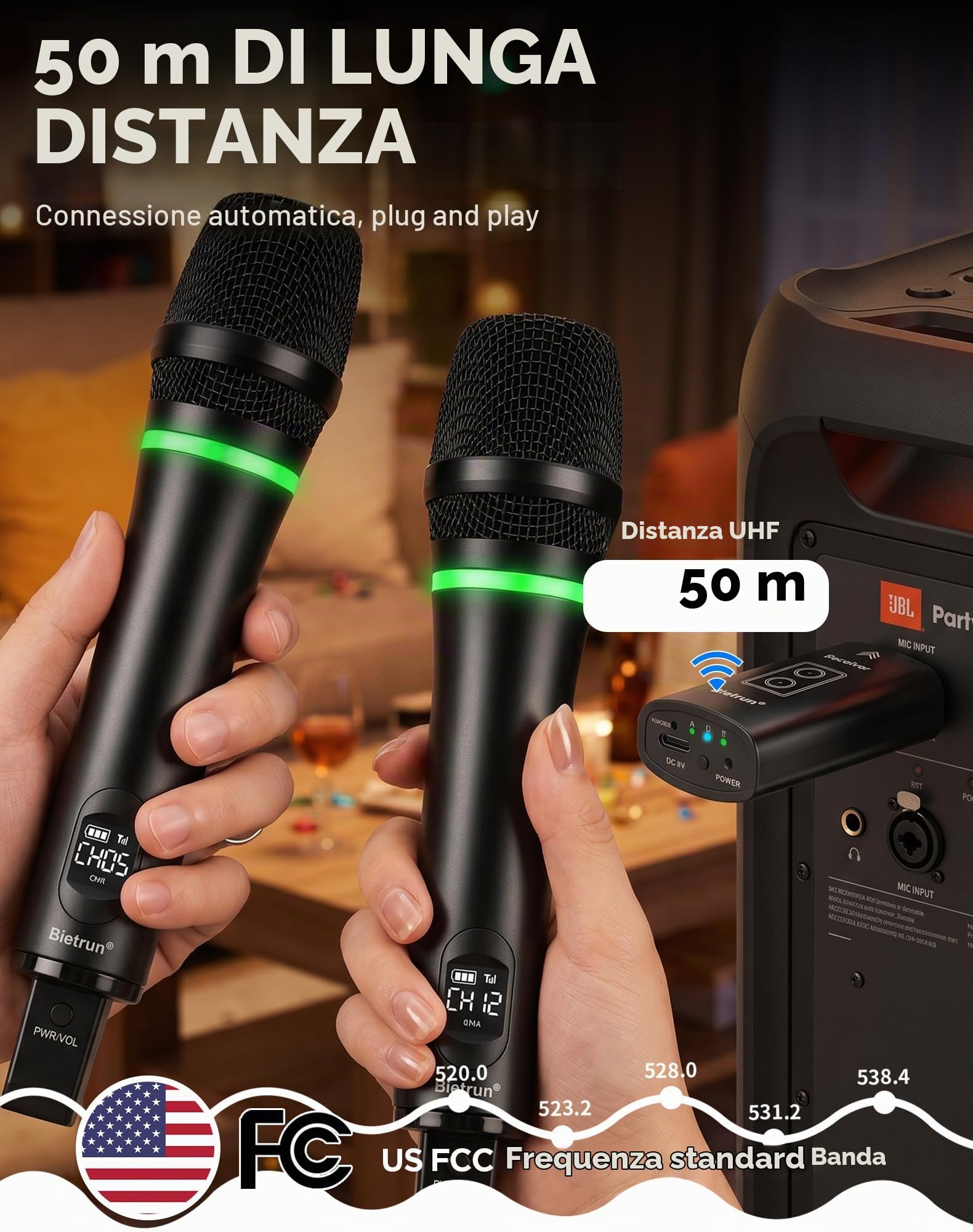 Microfono wireless ricaricabile Bietrun, microfoni wireless dinamici portatili senza fili in metallo con uscita da 1/4'' per karaoke, riunioni, canto