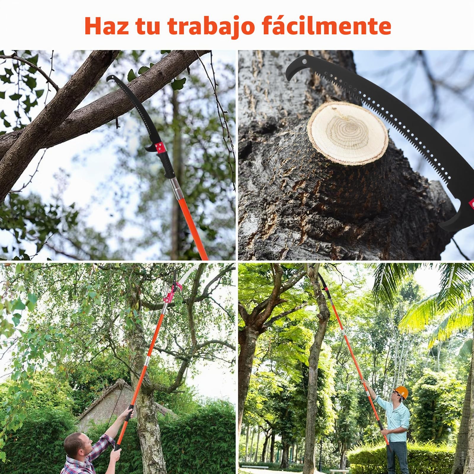 Sierra de poste manual, podadora de árboles extensible de 7 a 27 pies, hoja de acero afilada y tijeras, podadora de ramas altas, recortadora de ramas con 8 asas ligeras de fibra de vidrio, para podar