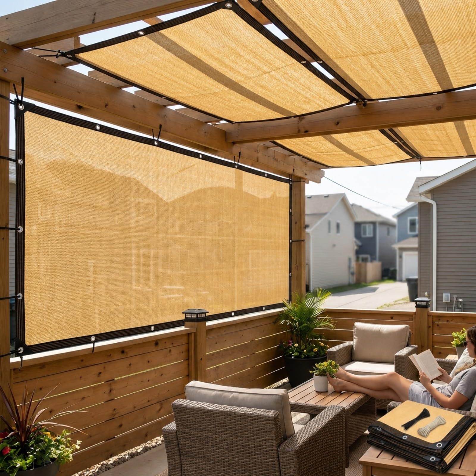 Beige Shade Cloth with Eyelets Every 50cm, 90% Sun Shade Net for Pergola, Patio, Balcony, Fence and Garden, Breathable HDPE Mesh with Reinforced Corners(1x3.0m)