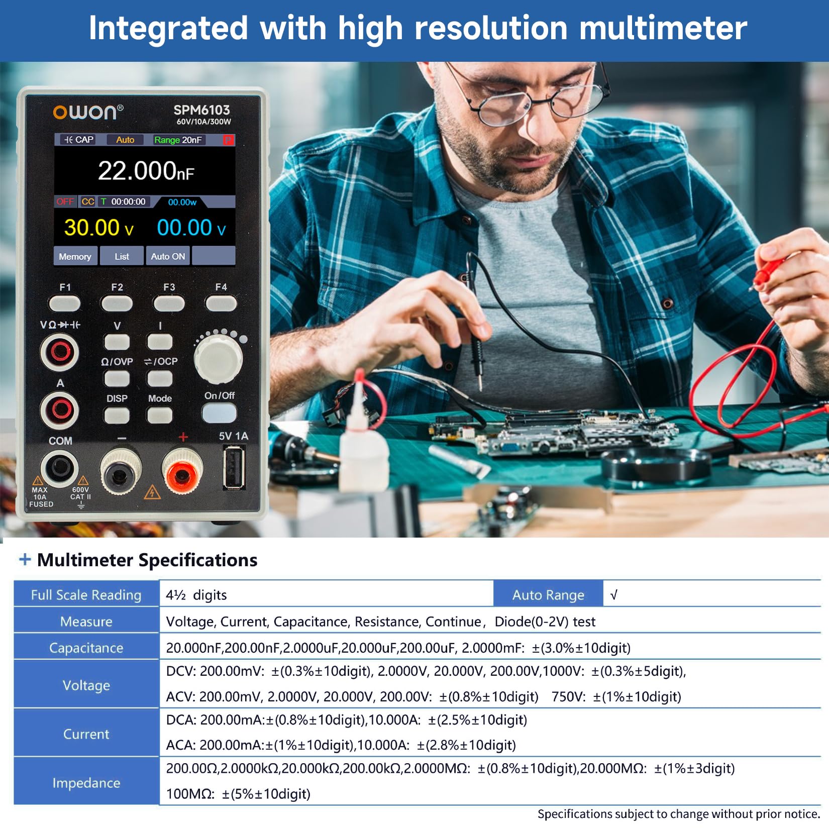 OWON SPM6103 2 in 1 Labornetzteil & Multimeter 60V/10A, DC-Netzteil Variabel, Tischnetzteil mit 2,8 Zoll Hochpräzisions-LED, USB-Schnittstelle, SCPI-Unterstützung, 4 1/2 Digital Multimeter