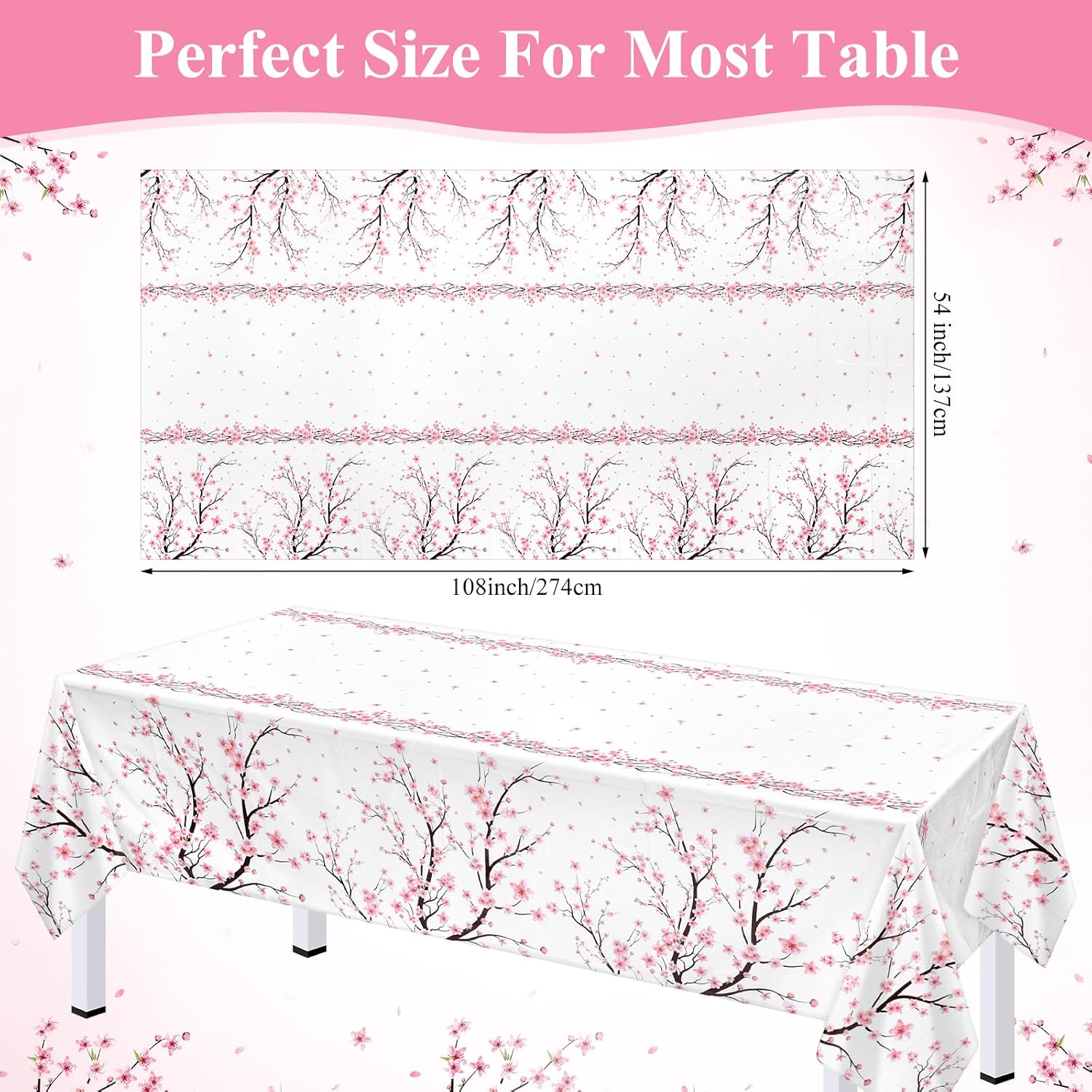 Ganeen 3 Pcs Cherry Blossom Disposable Tablecloth Pink Floral Plastic Table Covers 54 x 108 in Waterproof Tablecloth for Woman Spring Party Wedding Bridal Anniversary Birthday Garden Picnic