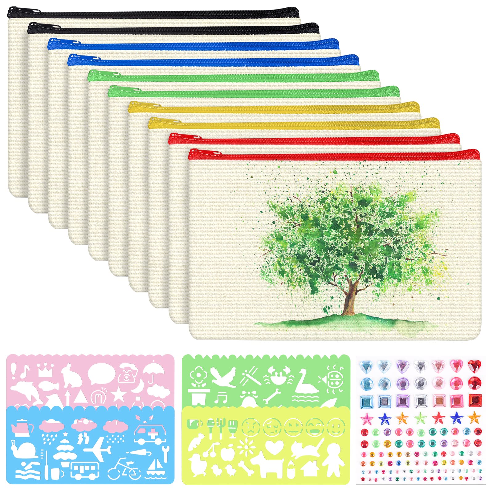 Wenearn 10 Piezas Estuche Escolar de Lona Pintable, Bolsa de Tela Pequeña con 4 Plantillas de Dibujo y 1 Diamantes Autoadhesivas, Bolsa Maquillaje con Cremallera, Bolsa de Viaje 21 x 13 cm