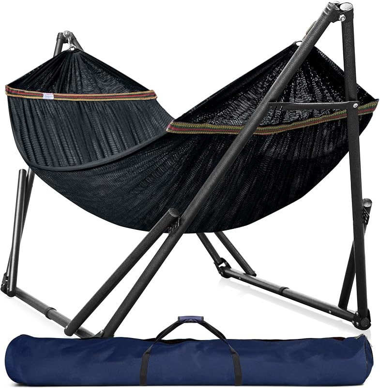 Universal Hammock Stand 600 lbs Capacity, Instant 20s Foldable, 3-Year Warranty Hammock with Stand, 2 Person Camping Revolutionary Portable No Screws, Premium Hammocks, Black | Black Finish, 2-Person Capacity, Polyester Mesh Net, Carry Bag Included, Tool-Free Setup, 39.3 in Height