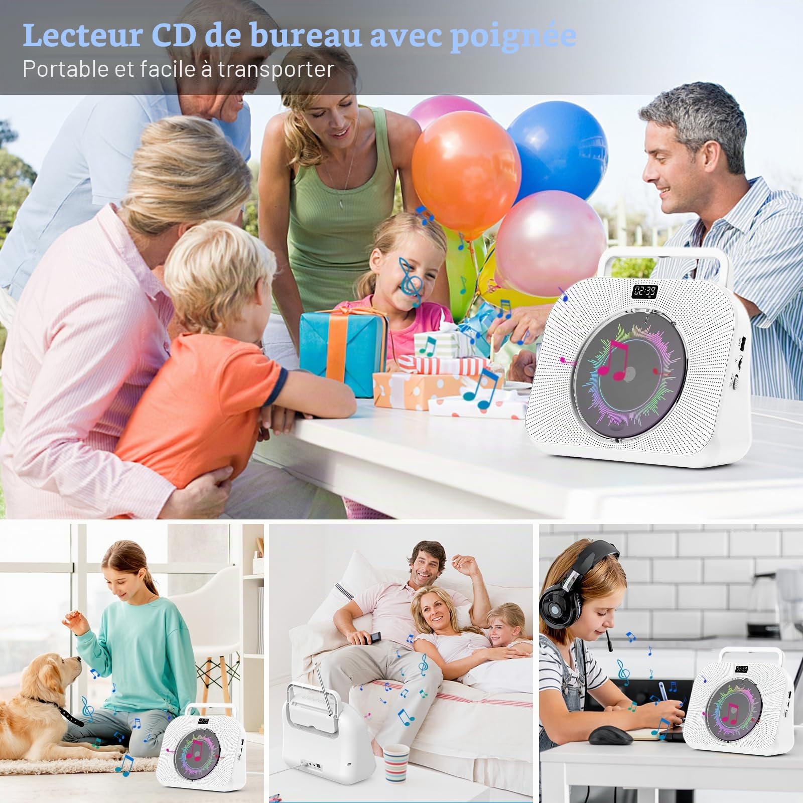 Lecteur de CD Bluetooth Lecteur CD de Bureau avec Haut-parleurs Lecteur CD Enfant supporte Les USB/TF/AUX Lecture Réveil Minuteur avec télécommande Housse de Protection Ecran Prise Casque