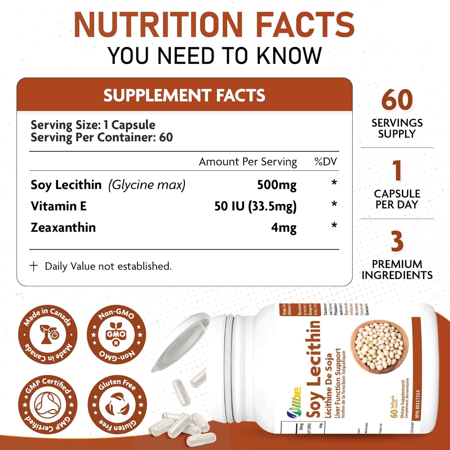Allbe Soy Lecithin Softgels, 500mg Lecithin with 4mg Beta-Carotene and 50IU Vitamin E Supplement, 4 Packs of 60 Antioxidant & Liver Function Support Capsules, Serving Size: 1 Softgel, 120 Days Supply