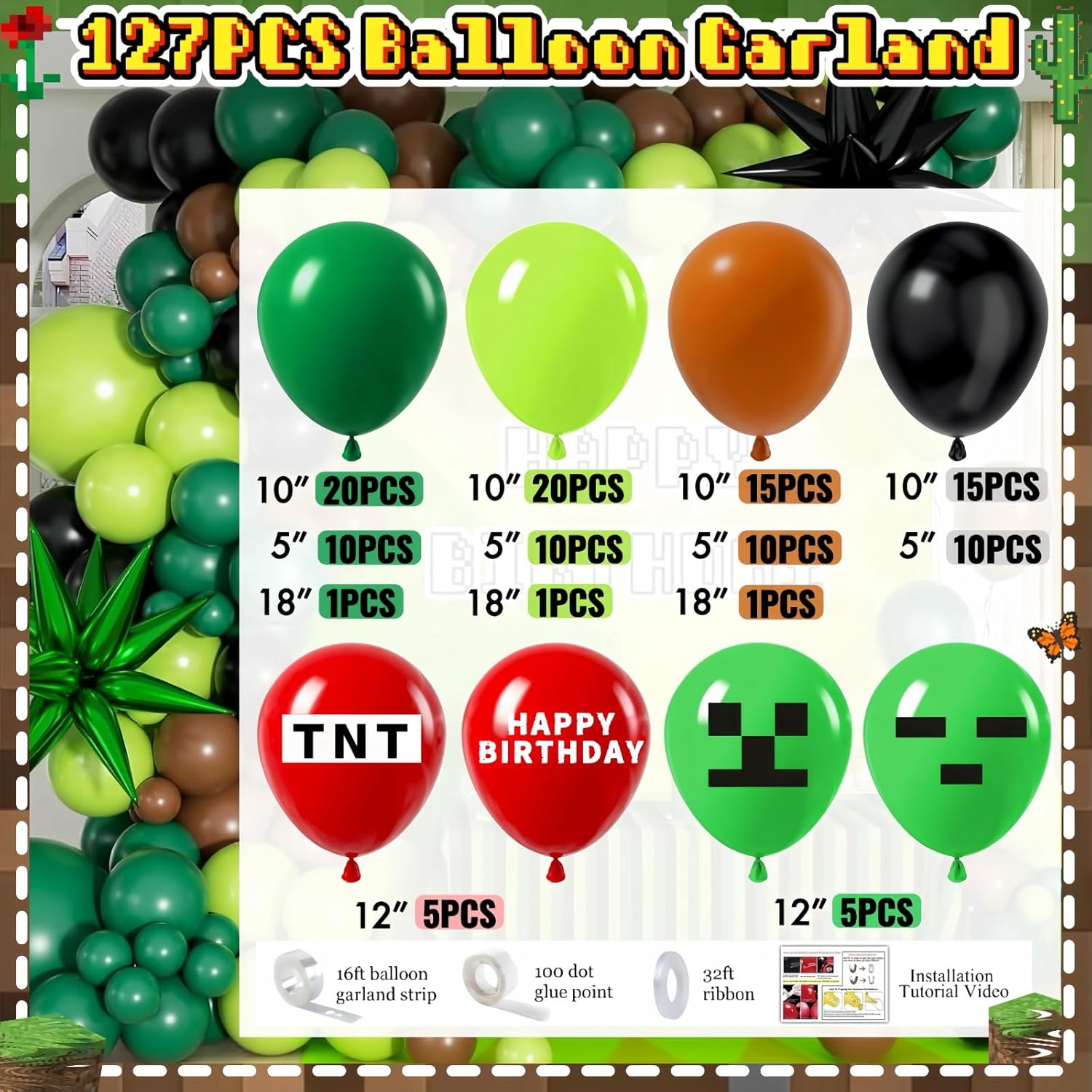 Pixel Gamer Birthday Decorations for Boys– All in One Party Decor Kit with Authentic Biome Colors (Cocoa Brown, Jungle Green, Black) – Includes TNT & Controller Foil Balloons, Backdrop, and Tablecloth