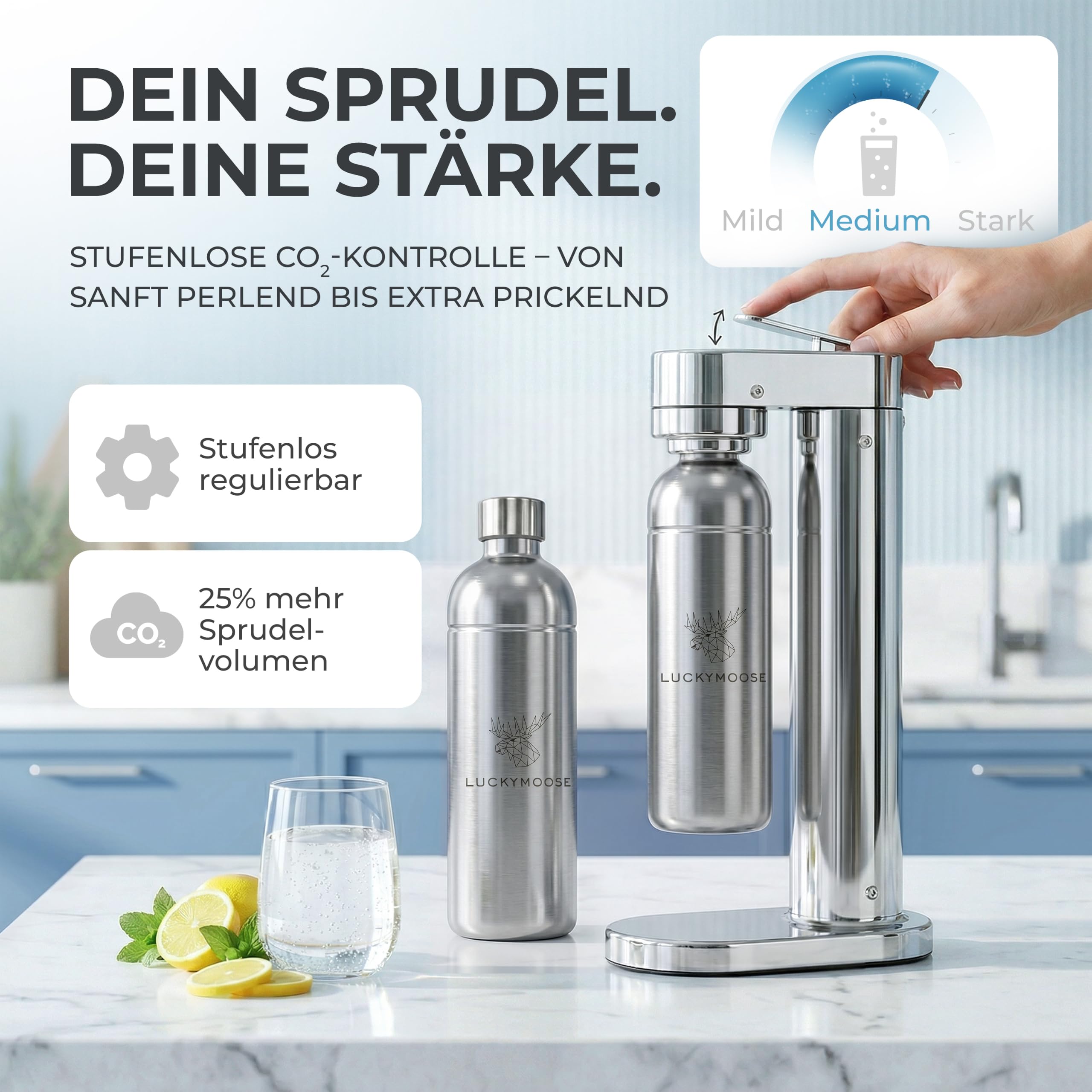 Luckymoose Infinity-S Wassersprudler aus hochwertigem Edelstahl (Silver/Silver) – inkl. 2x 1,25L Edelstahlflaschen – extra hygienische herausnehmbare Düse – Langlebige CO₂ Sprudelwasser Maschine