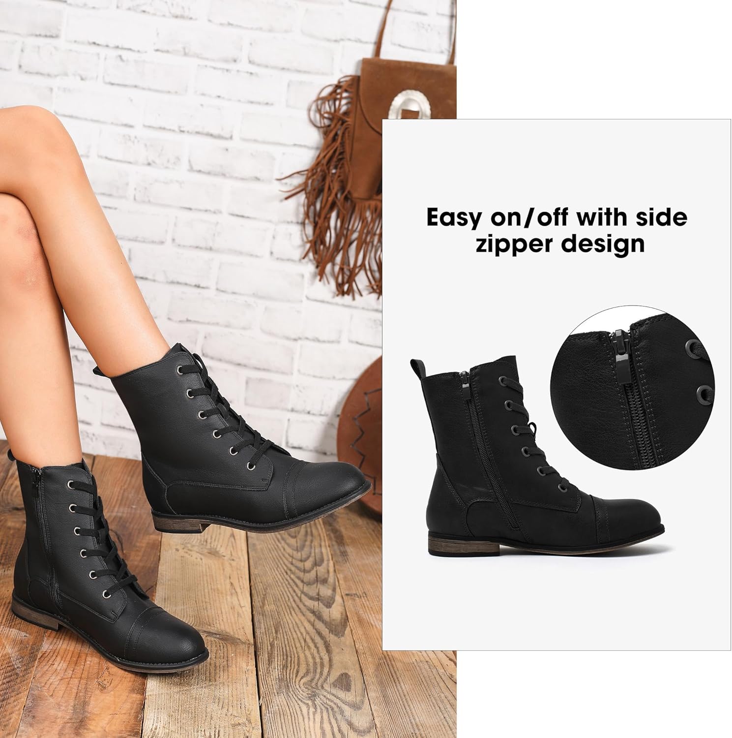 katliu Women's Combat Boots Lace up Military Ankle Boots Side Zipper Round Toe Booties - Image 5