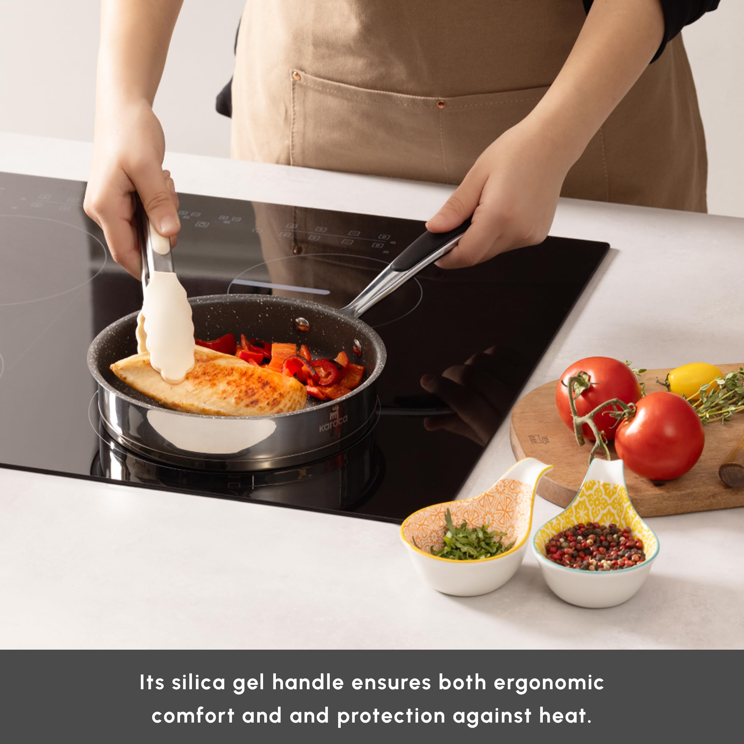 Karaca Pekka - Batería de Cocina de Acero Inoxidable de 8 Piezas - Apta para Inducción - Color Antracita y Plata - Incluye Ollas con Tapas de Cristal y Sartenes
