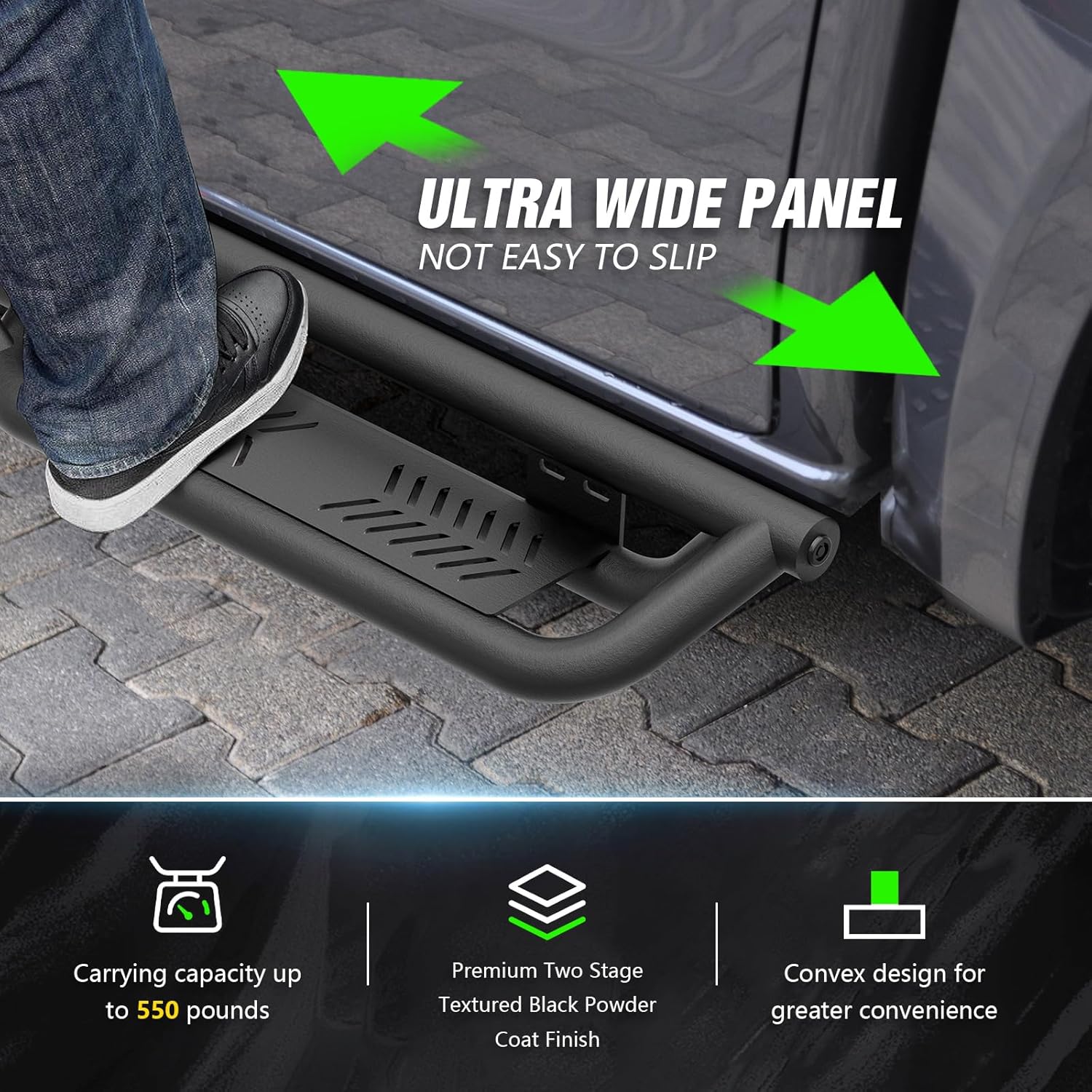 CrewMax Cab Running Boards Compatible with 2007-2021 Toyota Tundra Crew Max Cab Side Steps, Two Stair Drop Design Style Black Truck Side Rails Nerf Bars (Carbon Steel, Black Powder Coated)