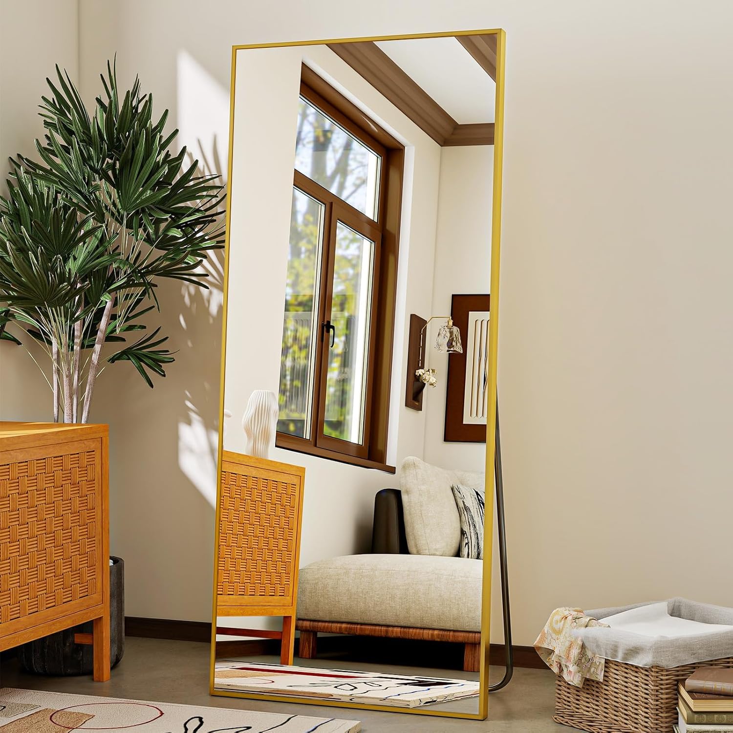 VooBang Mirror Full Length - 21" x 57" Floor Mirror with Stand, Aluminum Alloy Frame Full Body Mirror, Standing Hanging or Leaning Against Wall for Bedroom and Living Room, Gold - Image 2