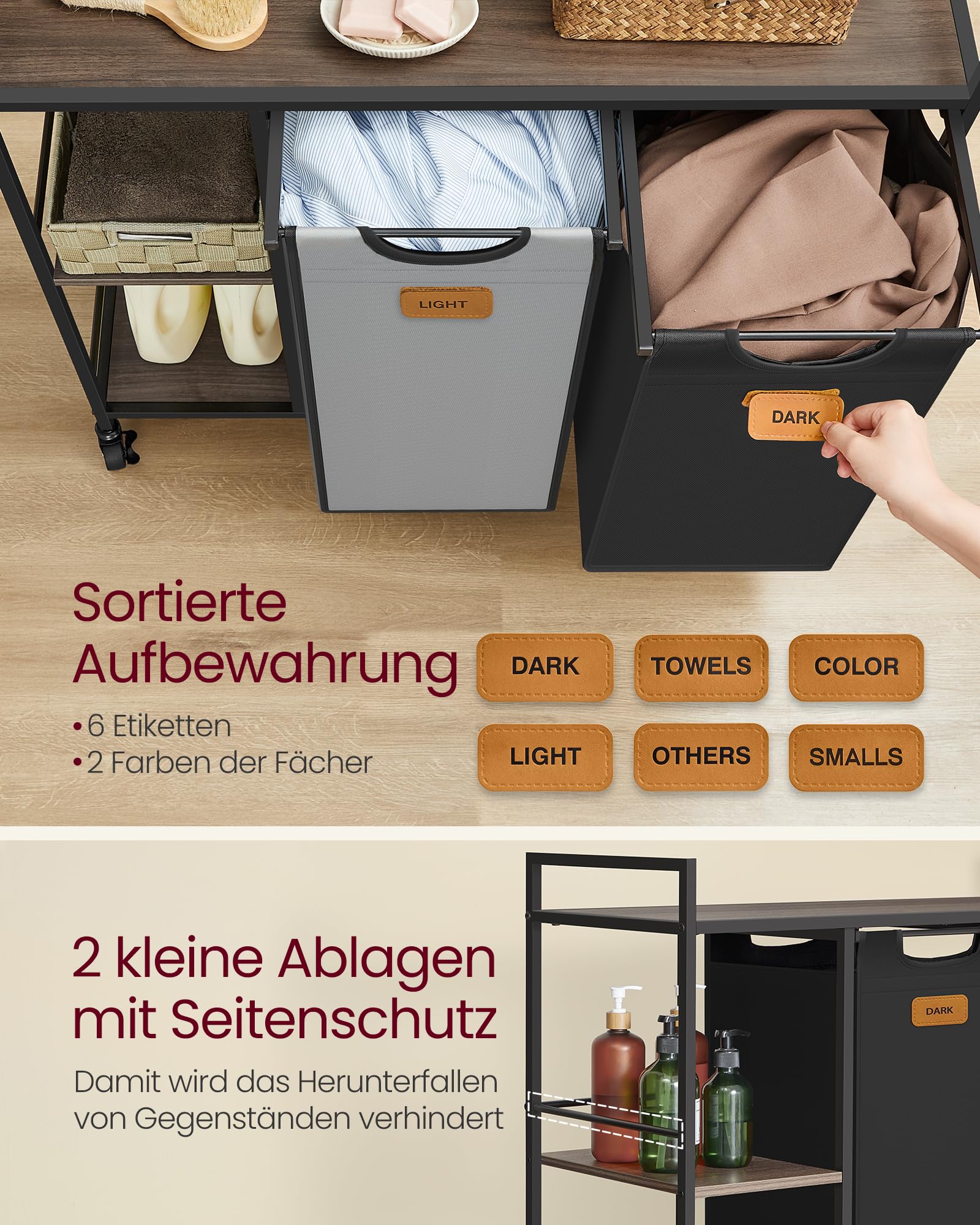 VASAGLE Wäschekorb 2 Fächer, Wäschesammler 100 L, Wäschesortierer, Rollen, Wäschewagen mit Ablagen, Wäschesack, mit abnehmbaren Taschen, 6 Etiketten, kastanienbraun-tintenschwarz-taubengrau BLH311B02