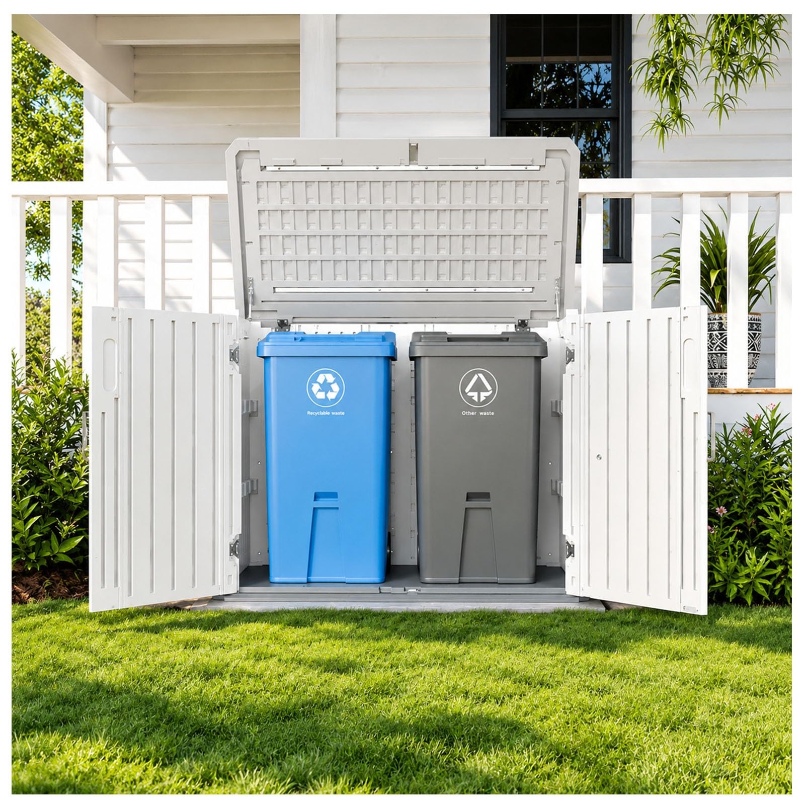 Generico Box da esterno 35 Cu Ft, per 2 bidoni, chiudibile a chiave | Box esterno in HDPE con pistoni a gas, serratura e picchetti, per 2 bidoni e cuscini da patio