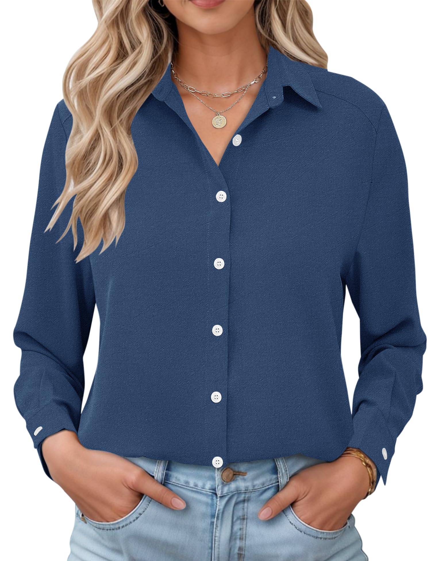 Rapbin Bluse Damen Lässig Langarm Hemd V-Ausschnitt Shirts Tunika Lockere Business Top Elegant Oberteil mit Knopfleiste