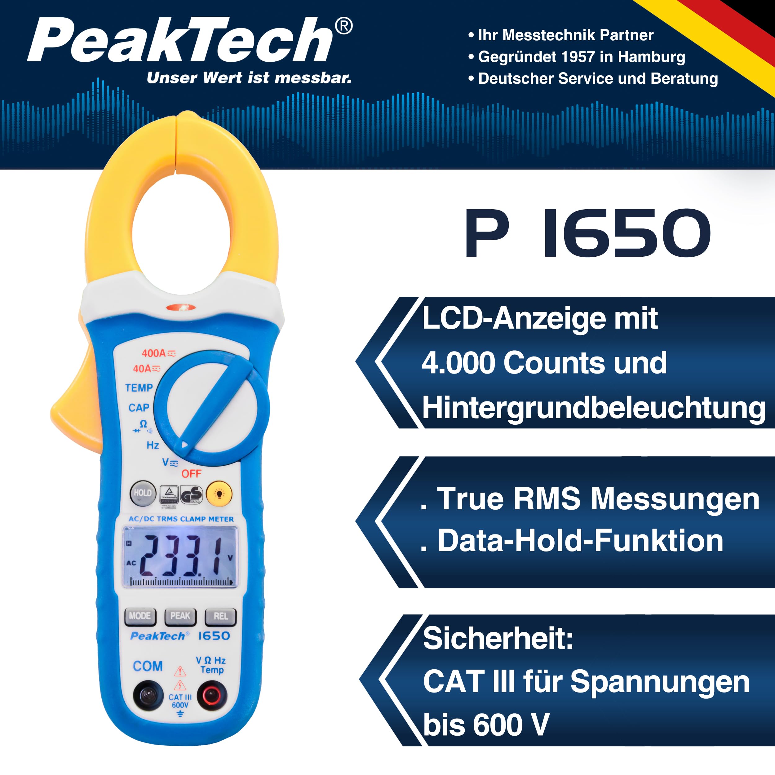 PeakTech P 1650 – True RMS Stromzange 400A AC/DC, Digital Multimeter, Zangenmessgerät, TÜV/GS, Strommesszange, 4000 Counts, Berührungsloser Spannungsmesser, Strommessgerät, Durchgangsprüfer Max. 600V