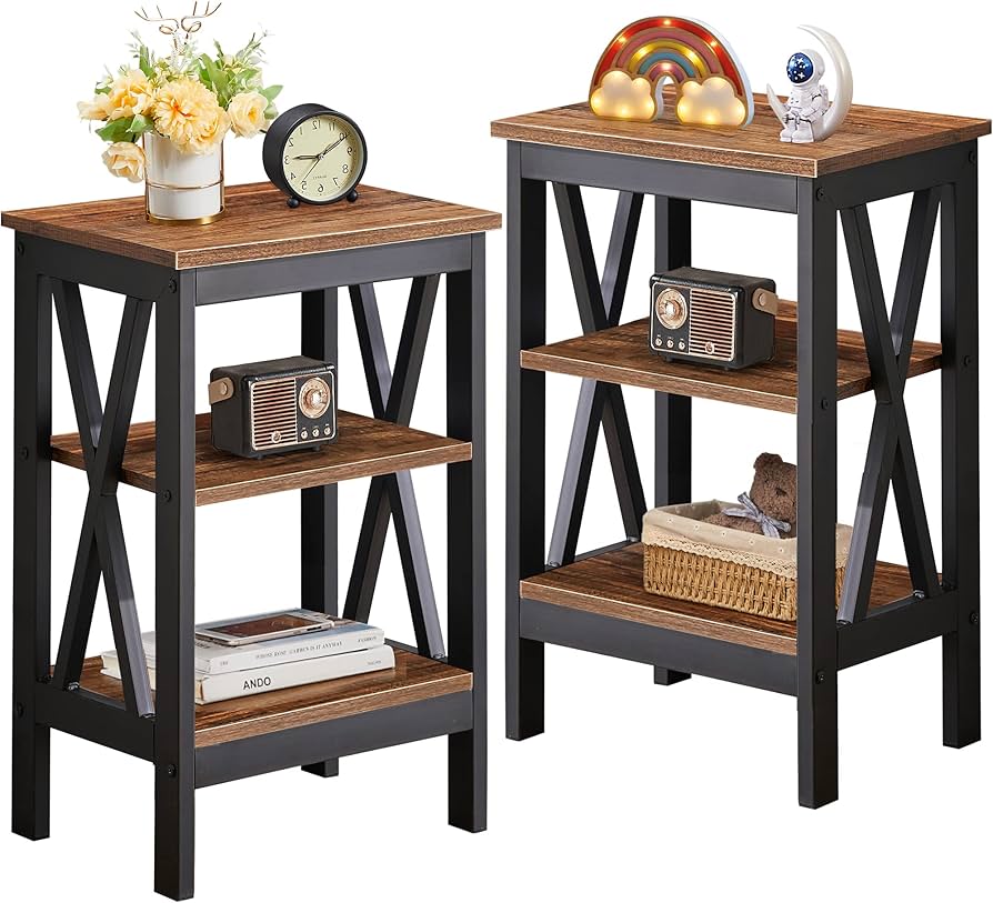 VECELO Modern Nightstands X-Design Side End Table Night Stand with Storage Shelf for Bedroom,Living Room,Set of 2 (Brown A2)