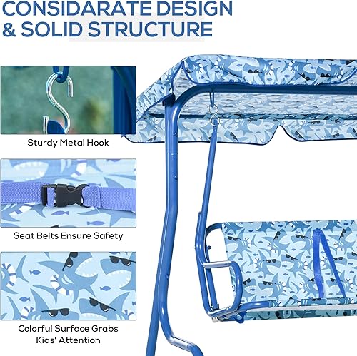 Miniatura 3 de Outsunny Columpio de porche para niños silla de patio para niños silla de patio para niños con toldo ajustable cinturón de seguridad para jardín