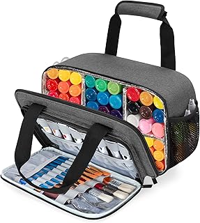 Acrylic Paint Organizer Bag for up to 54 Bottles (2 oz), Art Supply Storage Case with Handle Strap, Extra Pocket for Paint Brushes, etc, Aluminum Foil Liner for Easy Cleaning, Patented Design (Grey)