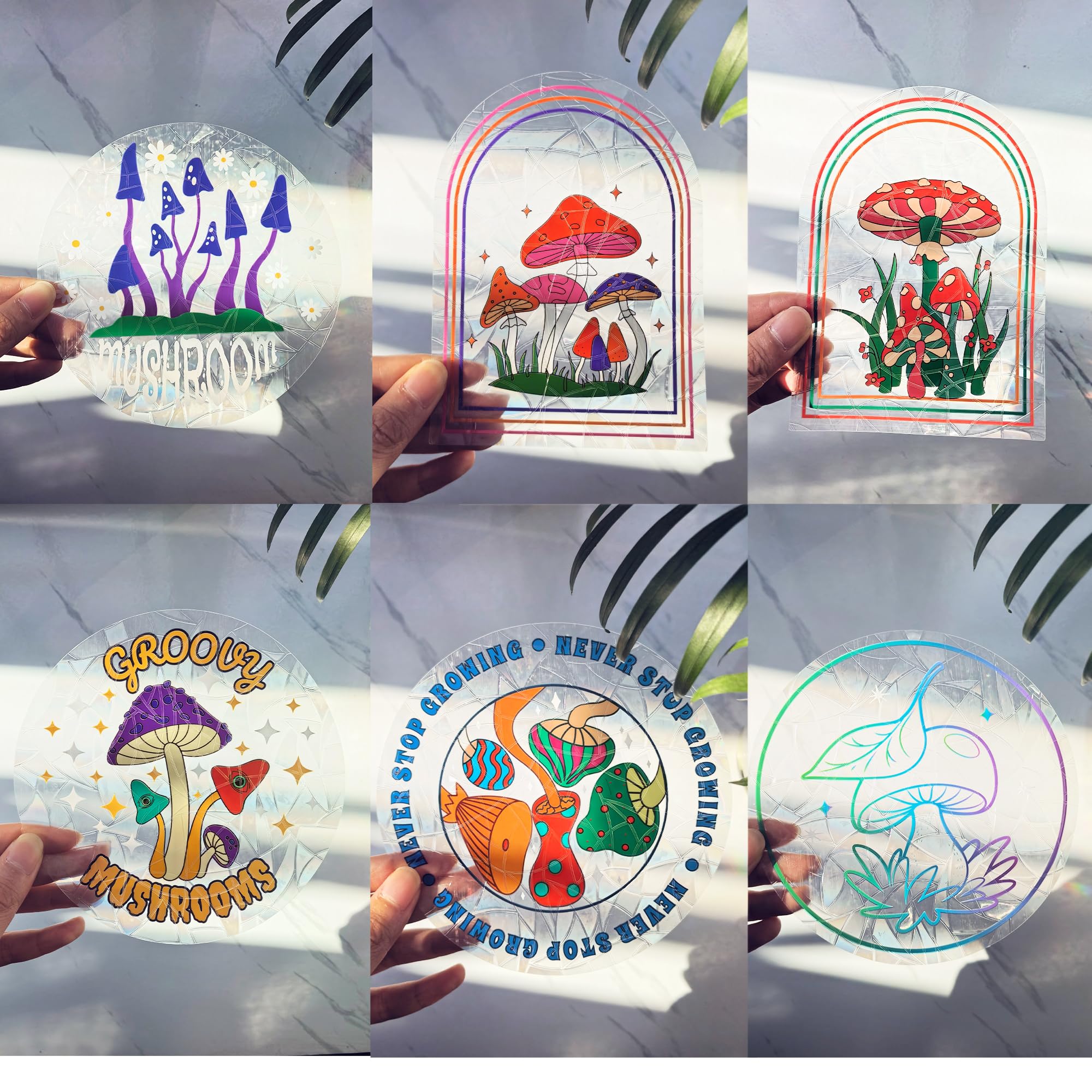 Rainbow Window Film Suncatcher Sticker Indoor, Mushroom Stained Glass Window Decals, Anti Collision Window Clings for Bird Strikes, Sun Catchers Window Rainbow Maker 6pcs