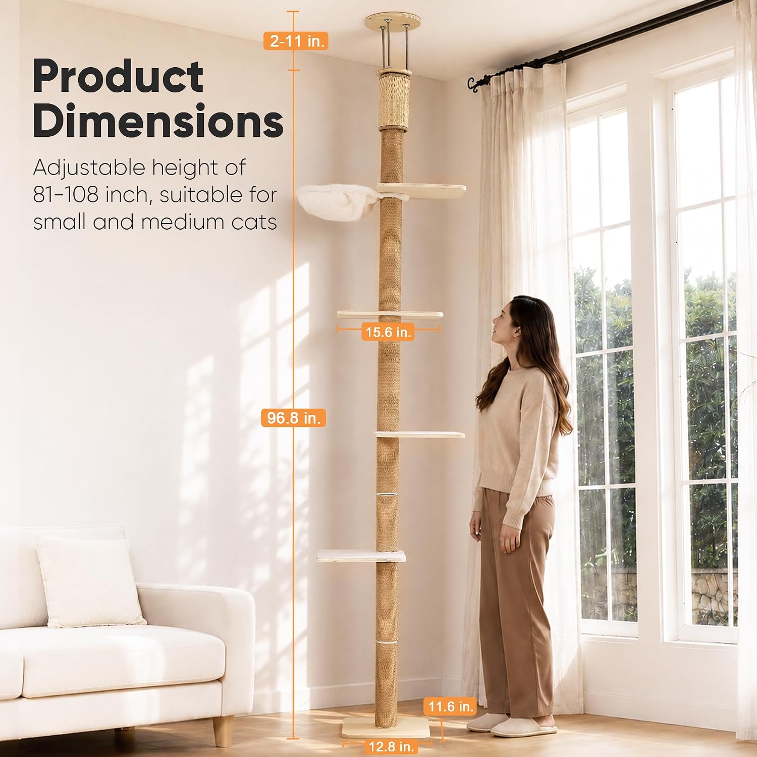 FUKUMARU Floor to Ceiling Cat Tree, 81-107 inch | Wall-Mounted Cat Tower with Natural Jute Scratching Post, Sturdy Climbing Pole with Cozy Hammock