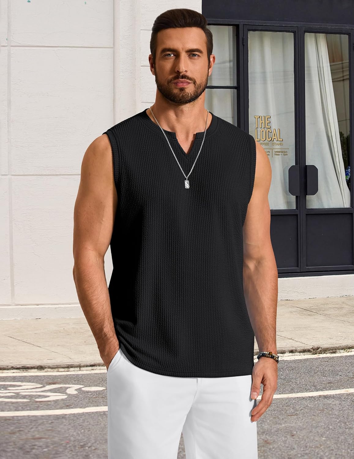 COOFANDY Mens Casual Tank Top V Neck Knit Jacquard Sleeveless T Shirts Lightweight Summer Beach Textured Tank - Image 3