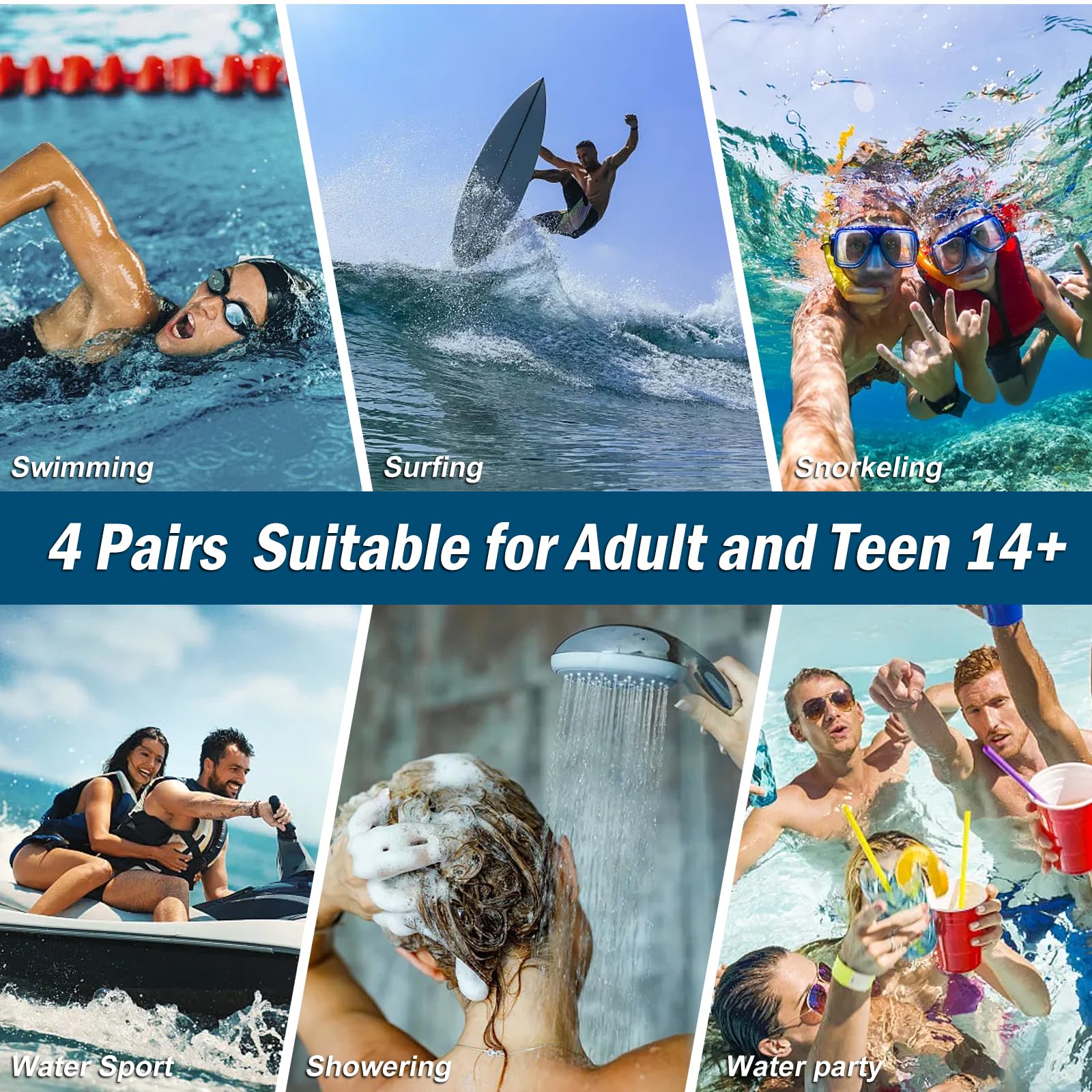 Tappi per le Orecchie da Nuoto per Adulti, 4 Paia Tappi Auricolari Impermeabili Riutilizzabili in Silicone con Cavo Rimovibile, Perfetti per Nuoto, Doccia, Surf e Altri Sport Acquatici