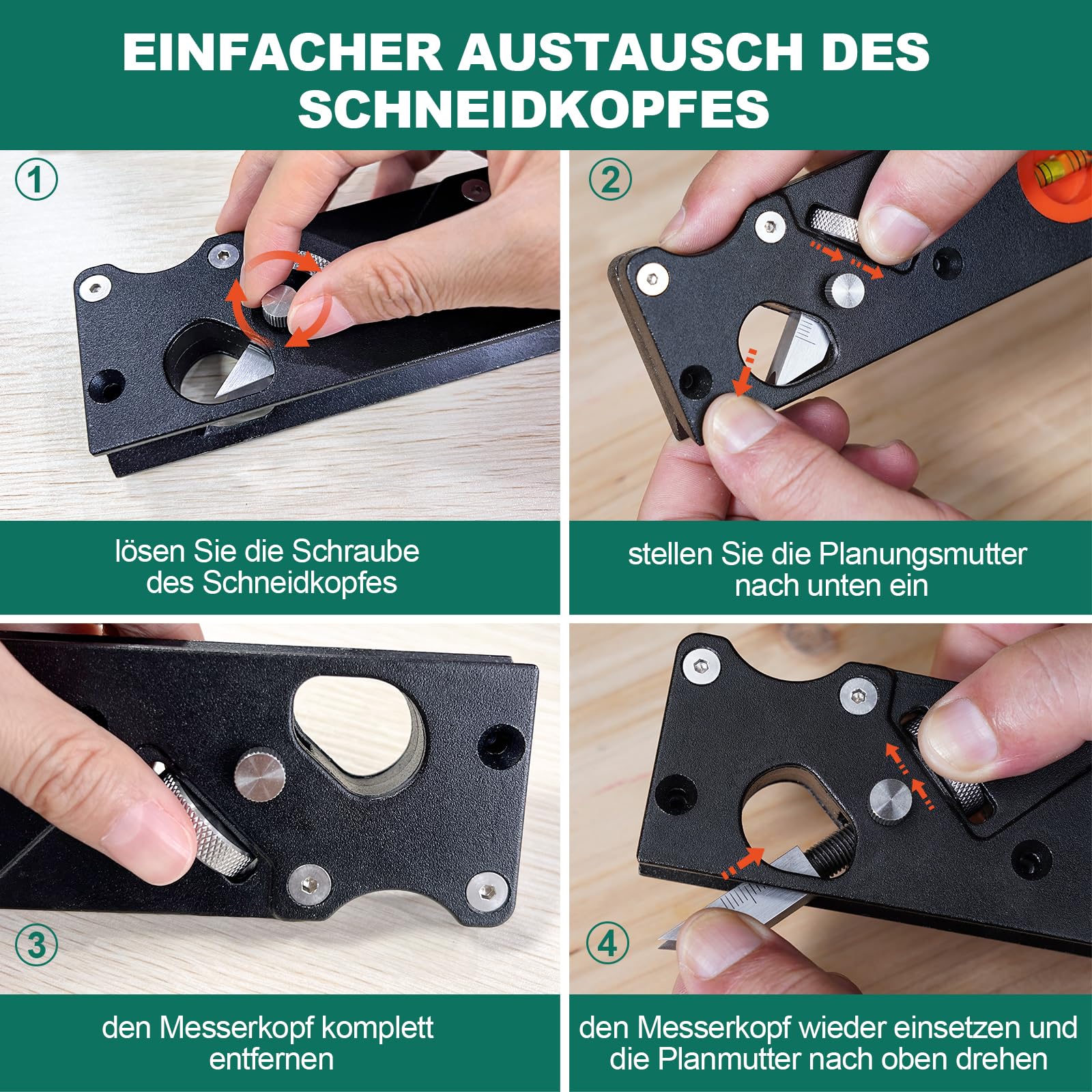 HYCHIKA Hobel Holz, Holz Kantenhobel für Holz, Fasenhobel für Holzbearbeitung, Kantenhobel mit 4 Schneidköpfen 45°/3/5/6mm, Ortungsblasen, Einhandhobel für Holzbearbeiter, Tischler, Schreiner