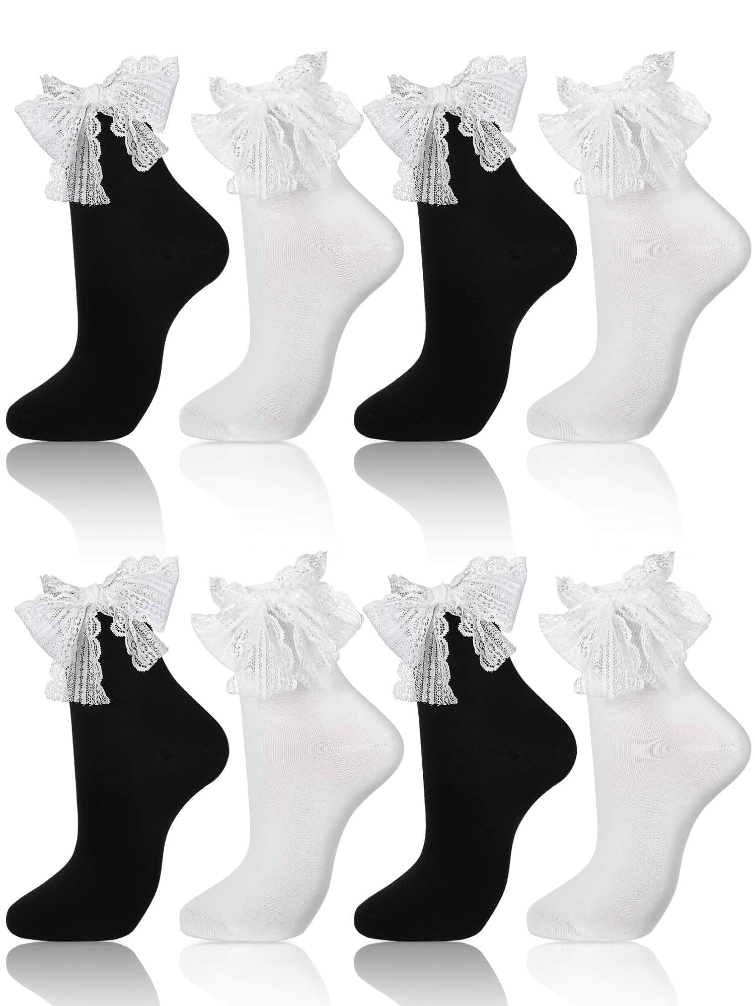 Geyoga 4 Pairs Women's Ruffle Ankle Socks Cotton Frilly Socks Cute with Bow