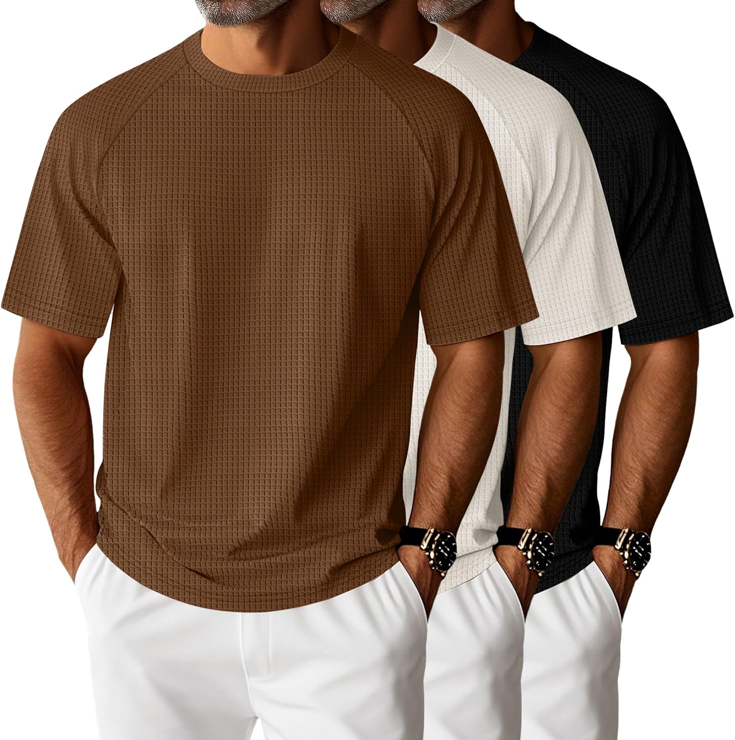 Riyiper 3 Pack Men's Waffle Knitted Short Sleeve Crewneck T-Shirts Solid Raglan Sleeve Casual Pullover Tees