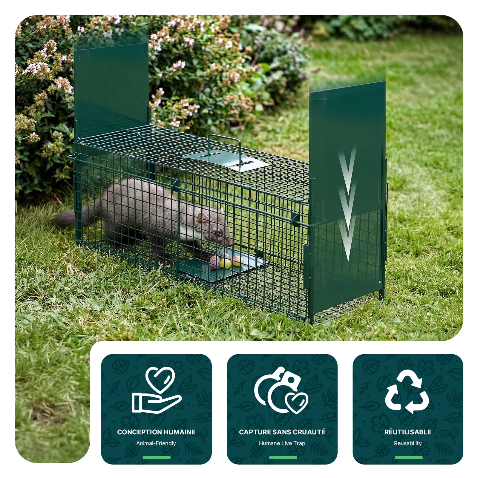 Piège à Animaux Vivants 80x26x34cm Cage de Capture sans Cruauté Réutilisable pour Rats Fouines Lapins Renard Vert