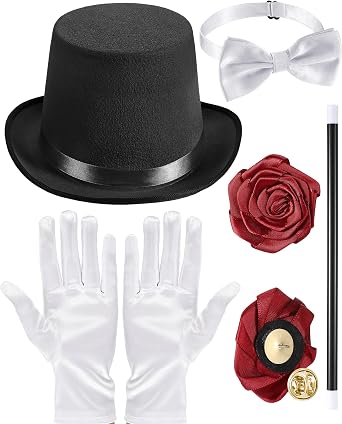 Set of 5 Adult Magician Costume Accessories - Womens Magician Top Hat, Wand, Bow Tie, Rose Brooch, Gloves for Parade, Halloween, Cosplay, Dance Recitals