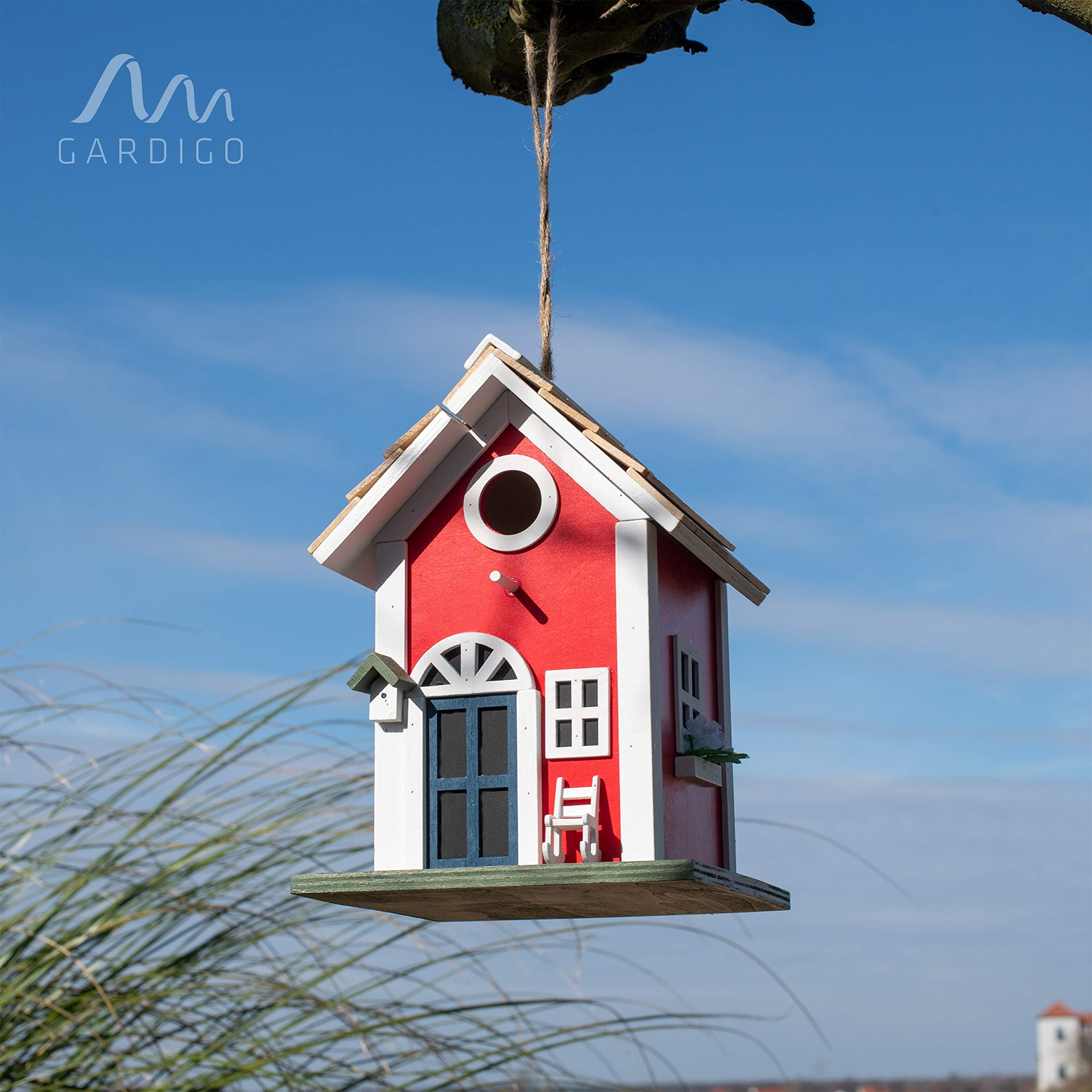 GARDIGO® Maison d'oiseaux - Nichoir en Forme de Maison de Campagne | Abris d'Oiseau Décorative à Suspendre pour Jardin, Balcon, Terrasse I Nichoir Maisonnette d'oiseaux au Style Suédois.