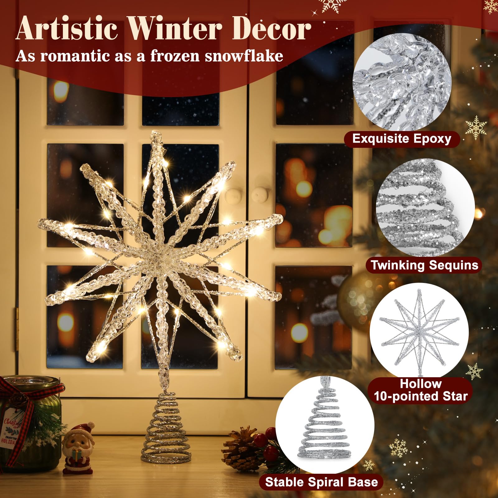 Lewondr Stella Cima Per Albero Di Natale 20 LED, 13.8 Pollice Stella A 10 Punte In Resina Lucente, Cima Alimentata A USB E Telecomando Per Decorazione Albero Di Natale, Timer 6H & 8 Modalità, Argento