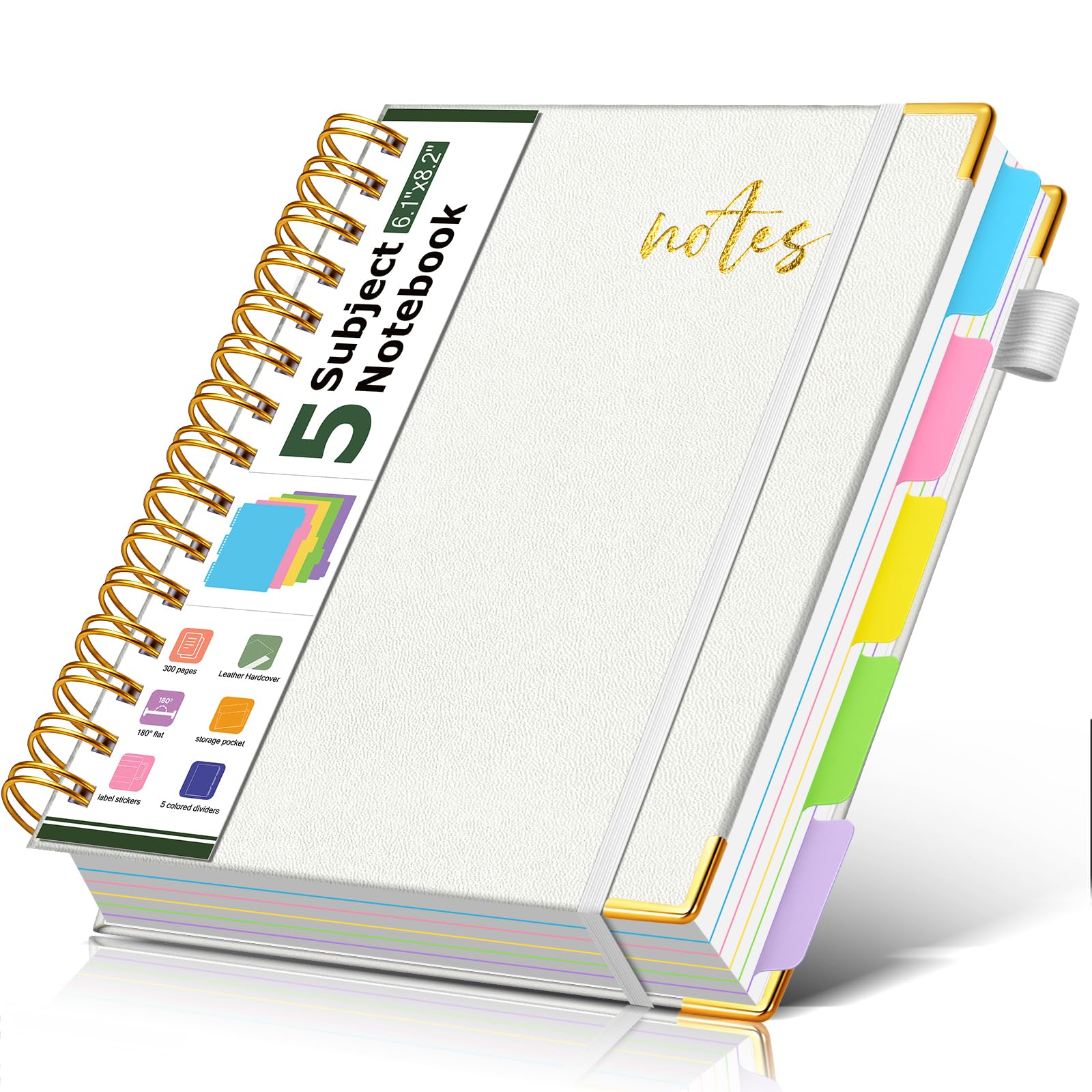 5 Subject Spiral Notebook Journal with Removable Dividers Tabs, 300 Pages Organizer Notebooks for Work School, A5 Hardcover Leather Notebook College Ruled, Lined Journal for Women，White