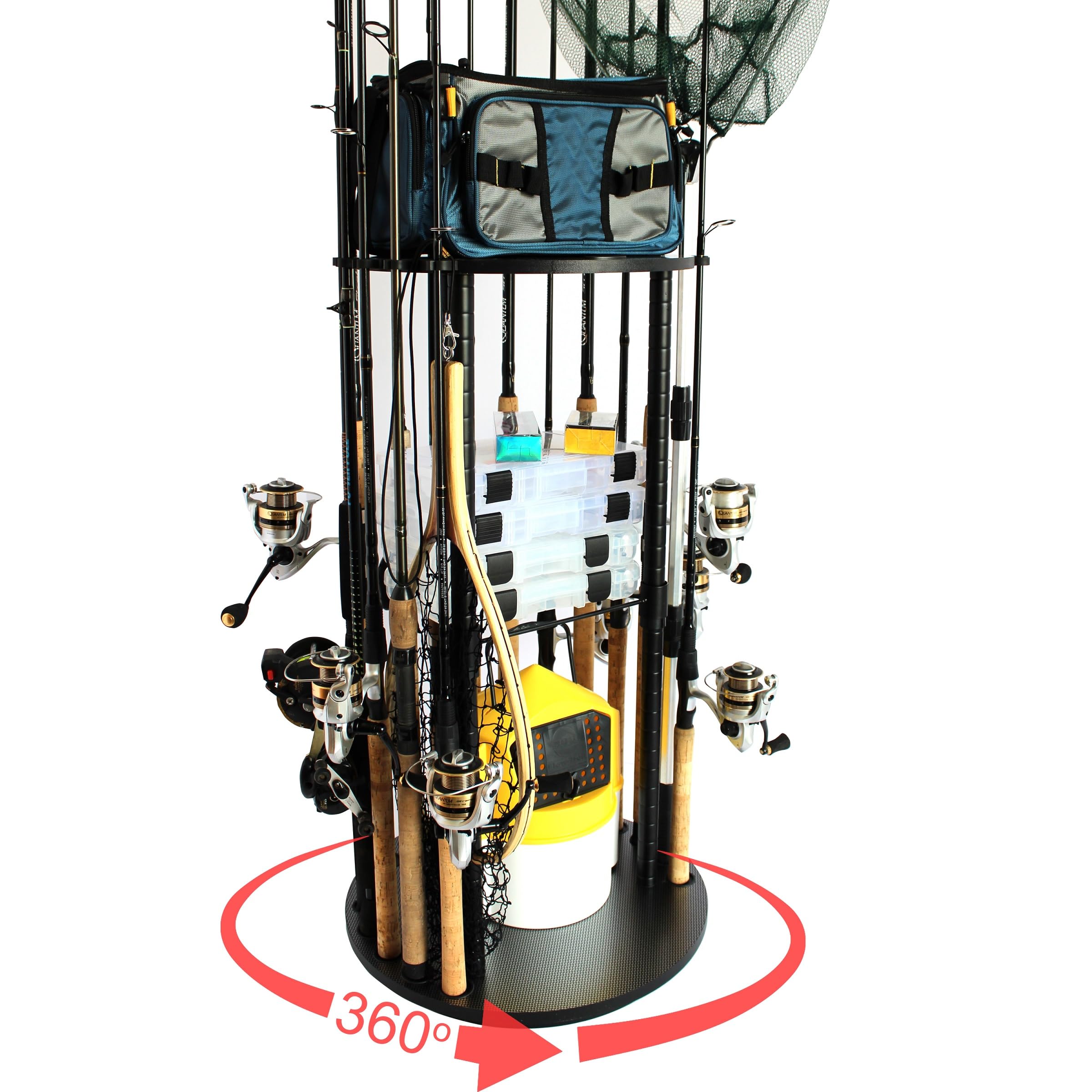 Rush Creek Creations Fishing Rod Holder - 17 Rod Capacity, 360 Rotating Rack for Garage Organization and Storage, Fishing Reels & Gear, Black Engineered Wood